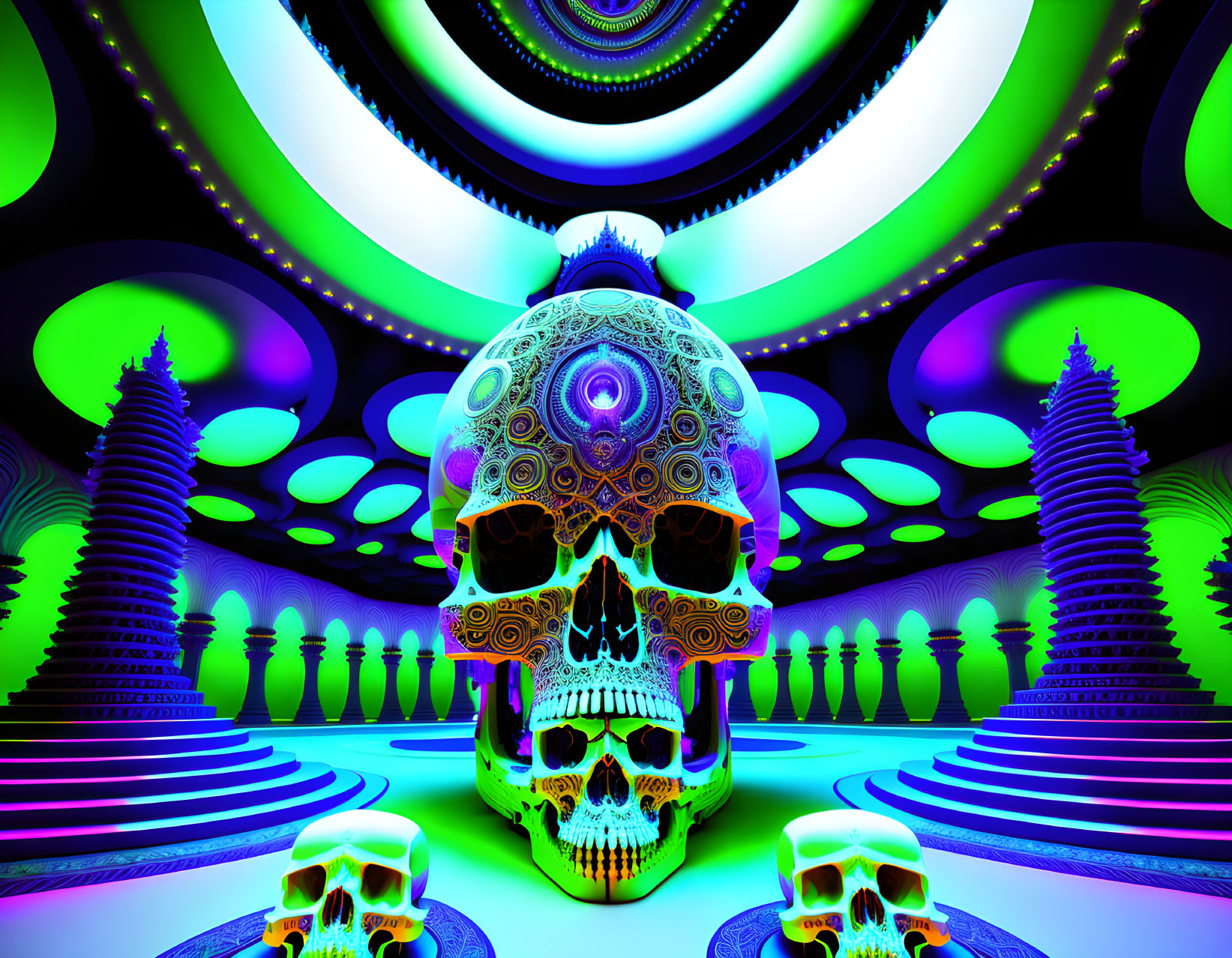 Colorful digital artwork: Skull pattern with neon fractals