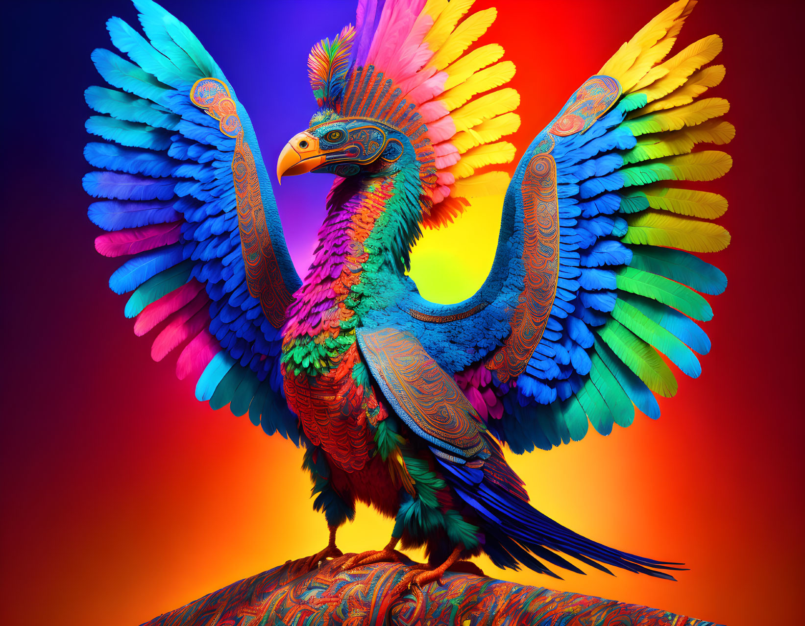 Colorful mythical bird digital artwork on warm gradient background