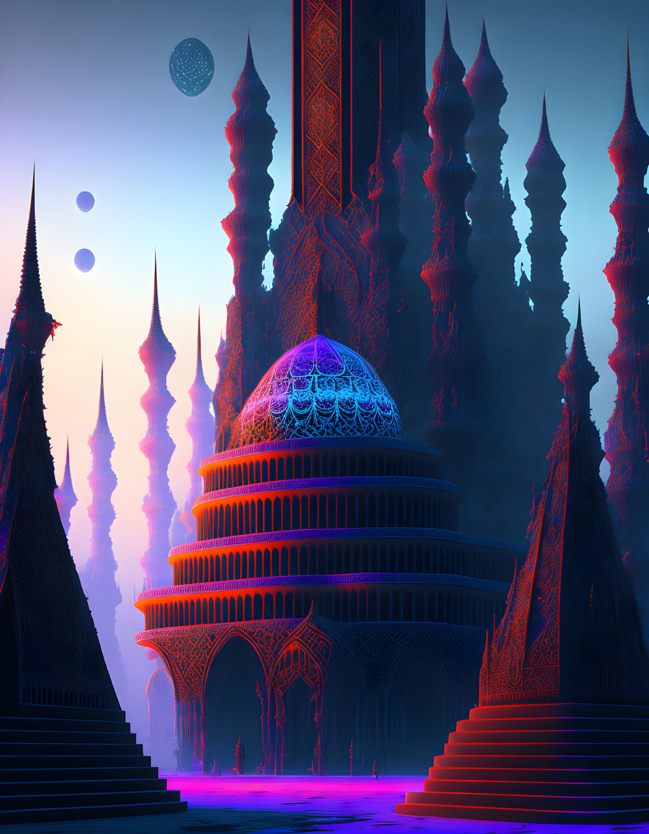 Fantastical landscape with glowing towers and celestial bodies at twilight