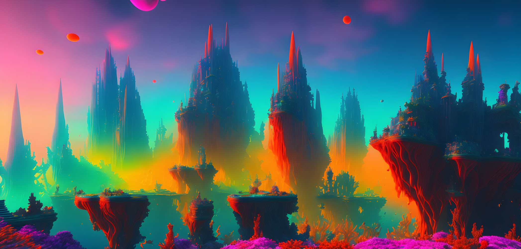 Colorful Alien Landscape: Floating Islands, Towering Spires, Multiple Moons