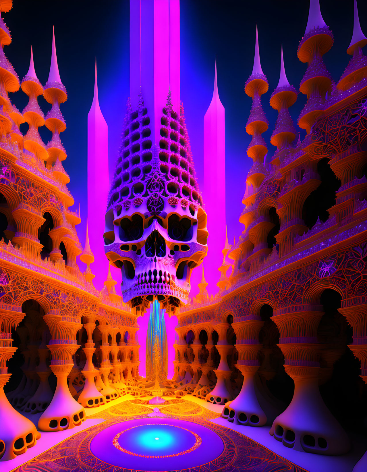 Neon pink and blue fractal landscape with intricate architecture and skull motifs