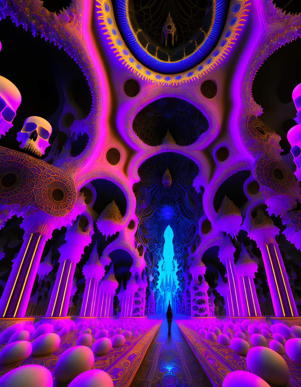 Colorful Psychedelic Digital Art: Person in Fantastical Hallway with Skull Motifs &