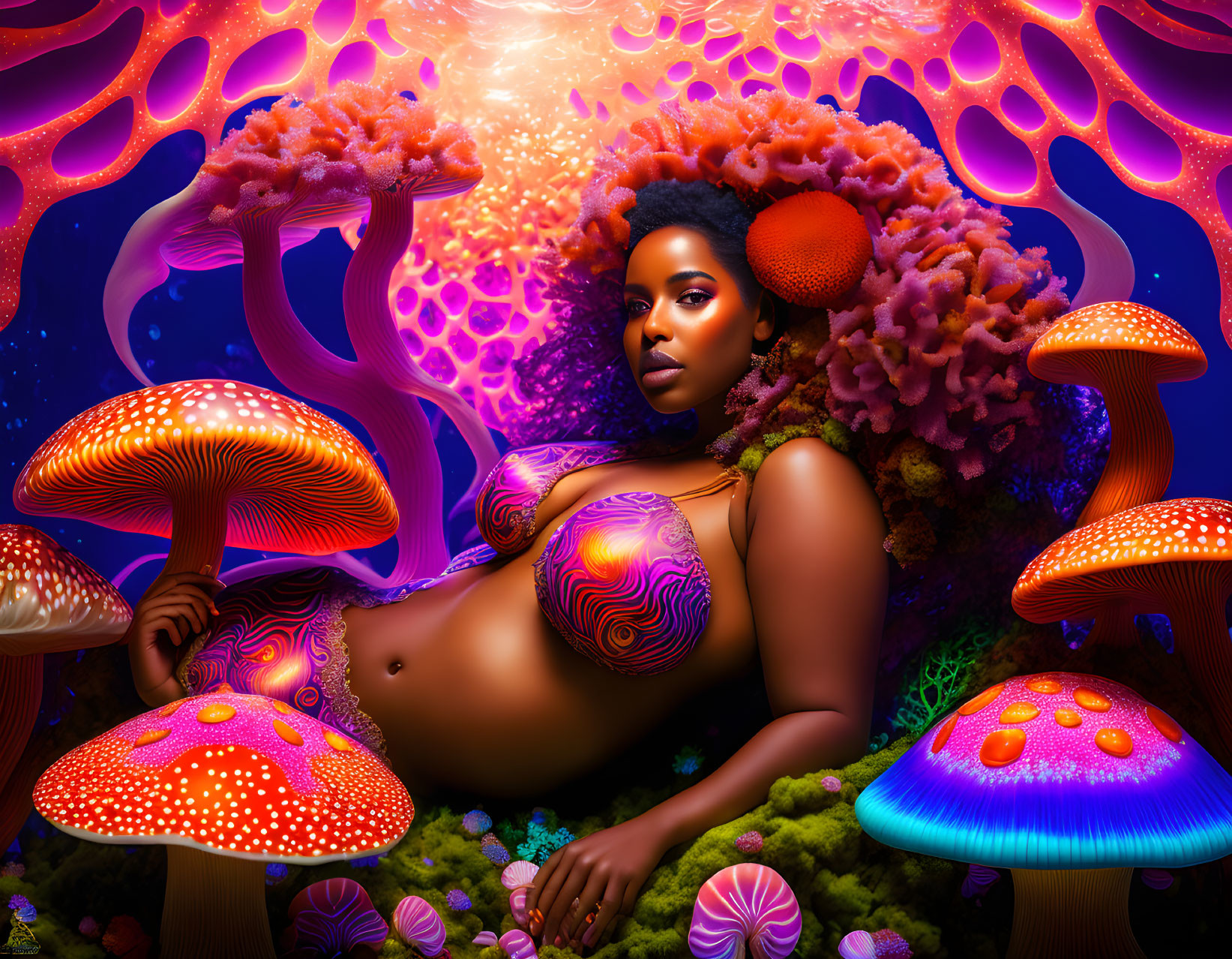 Surreal portrait of woman with glowing skin among red mushrooms and coral structures