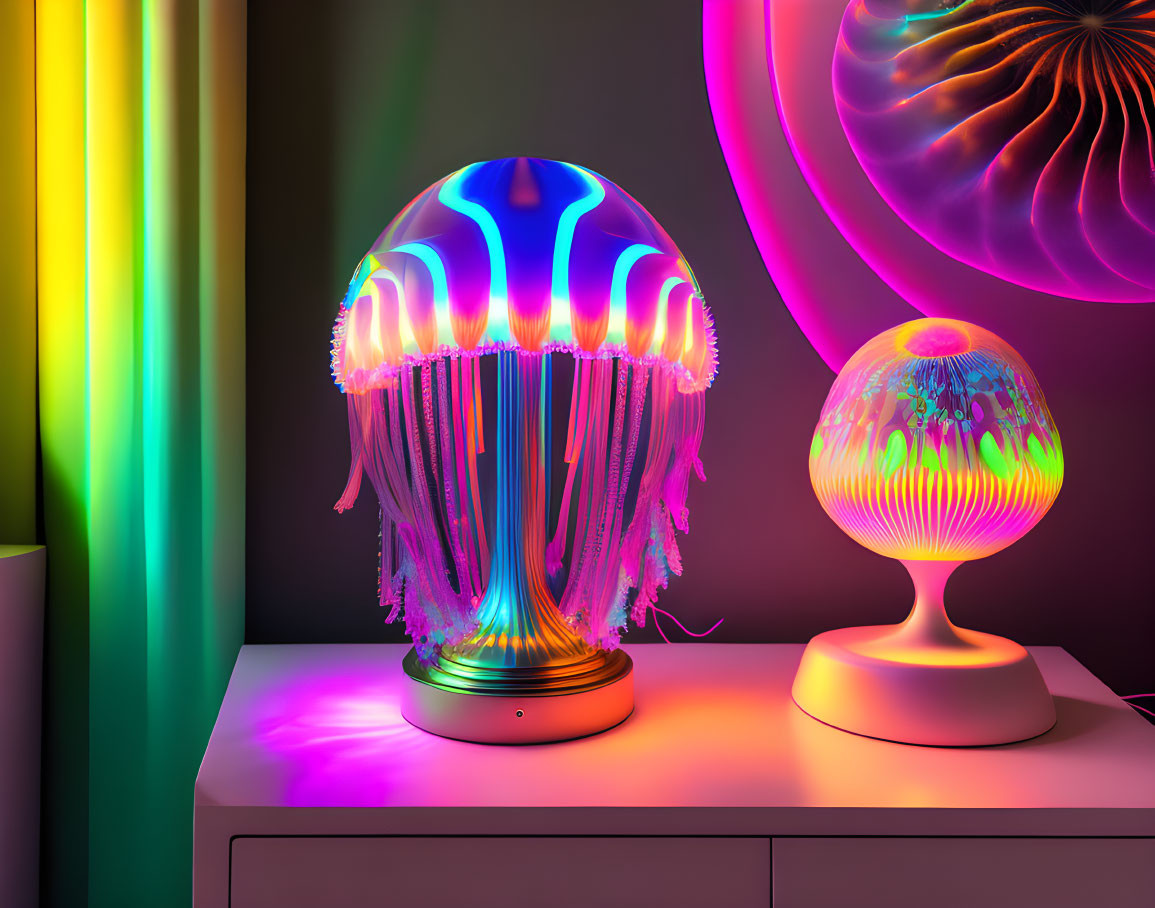 Colorful jellyfish-shaped lamps on white surface with neon colors and vertical lights on wall