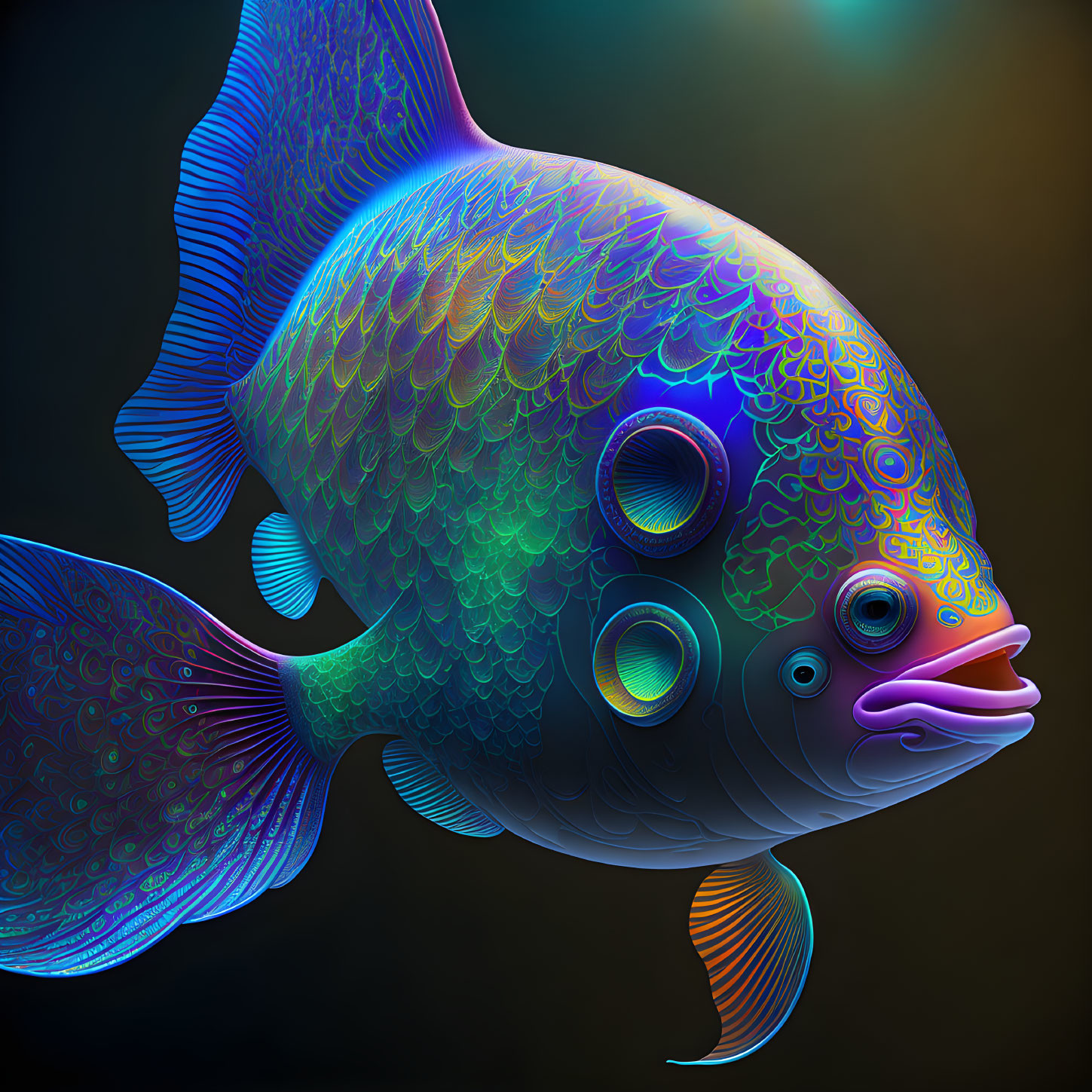 Colorful Fish Artwork with Intricate Patterns on Dark Background