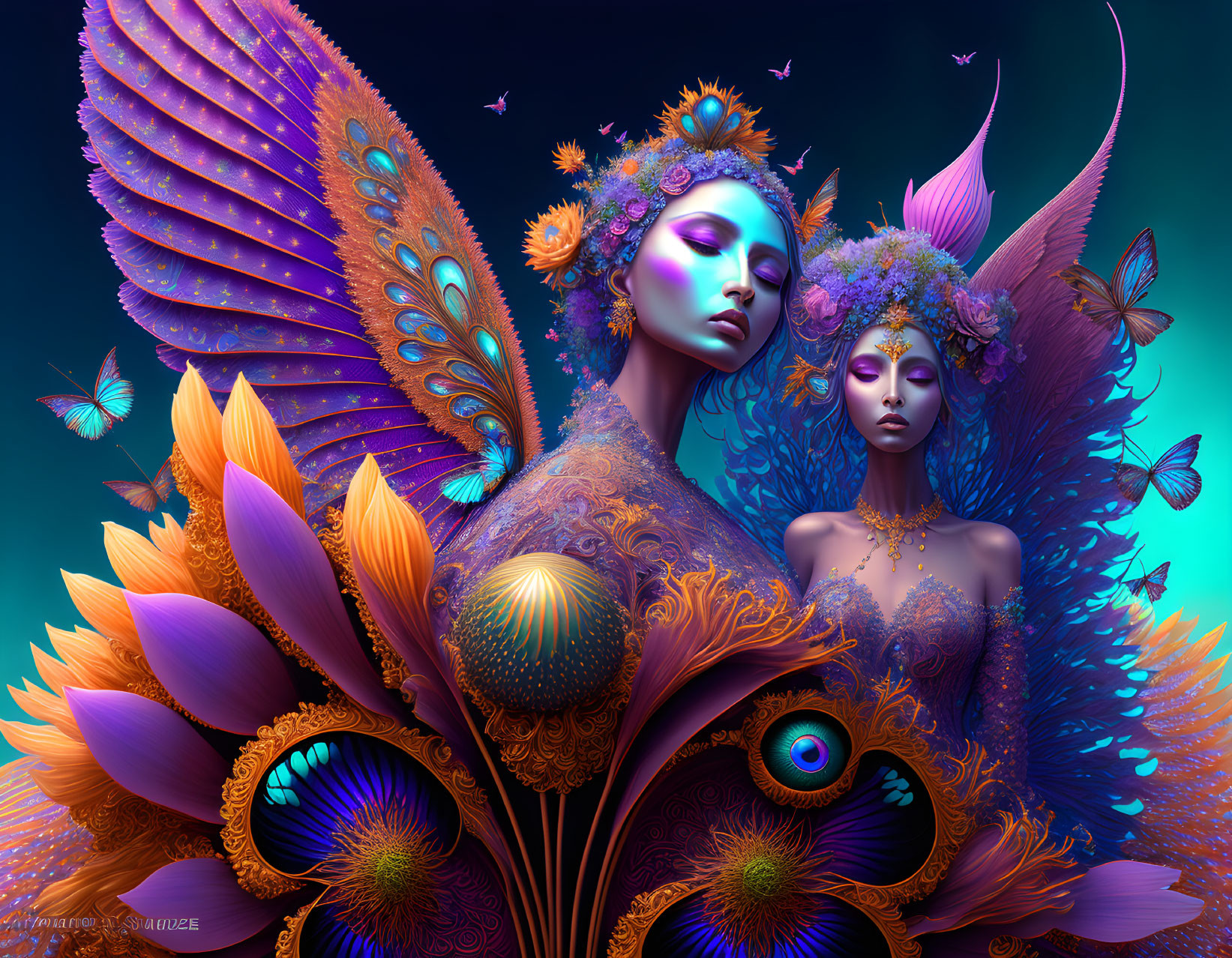 Colorful fantastical figures adorned with elaborate feathers and floral designs