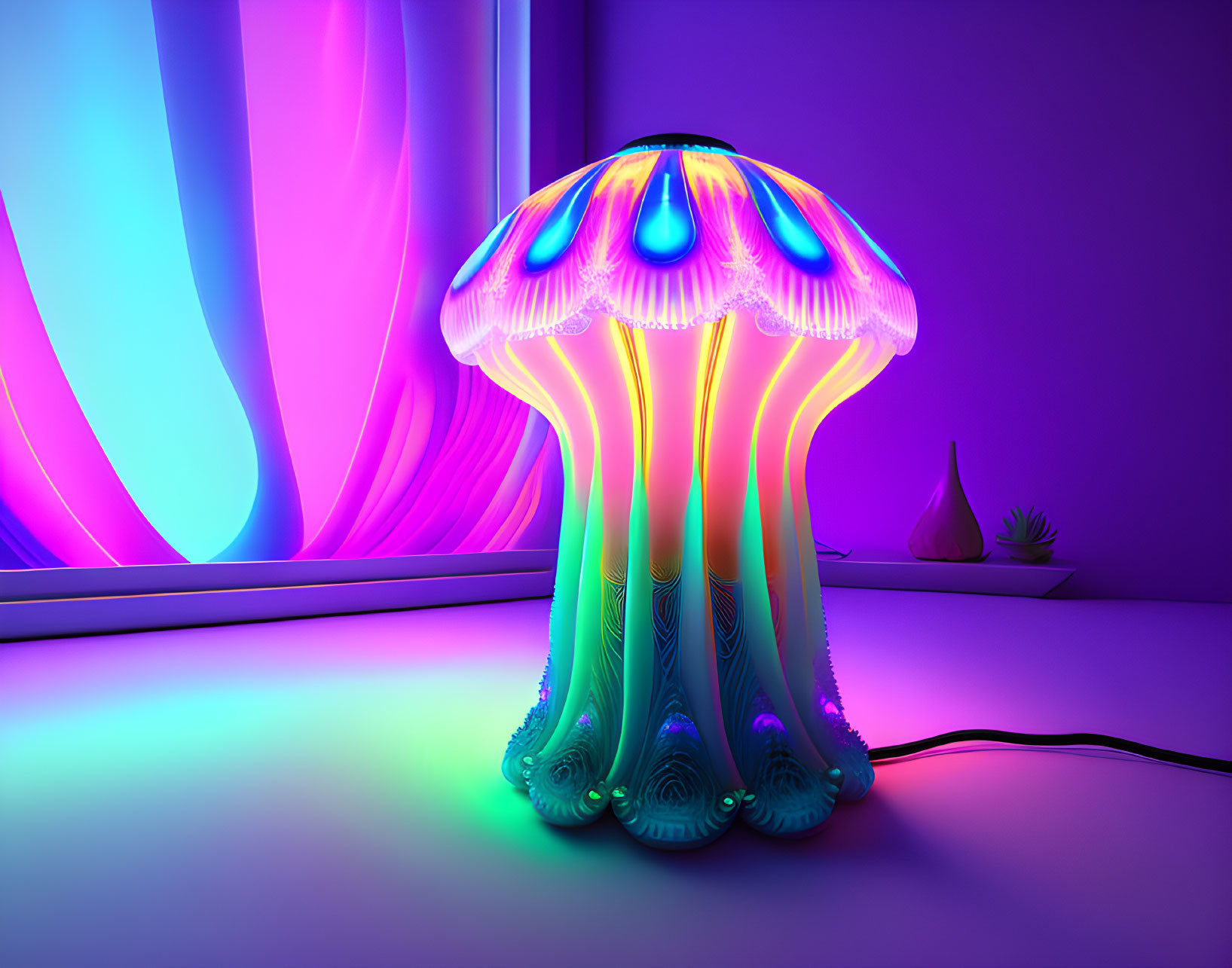 Neon LED jellyfish lamp in modern room casting soft glow