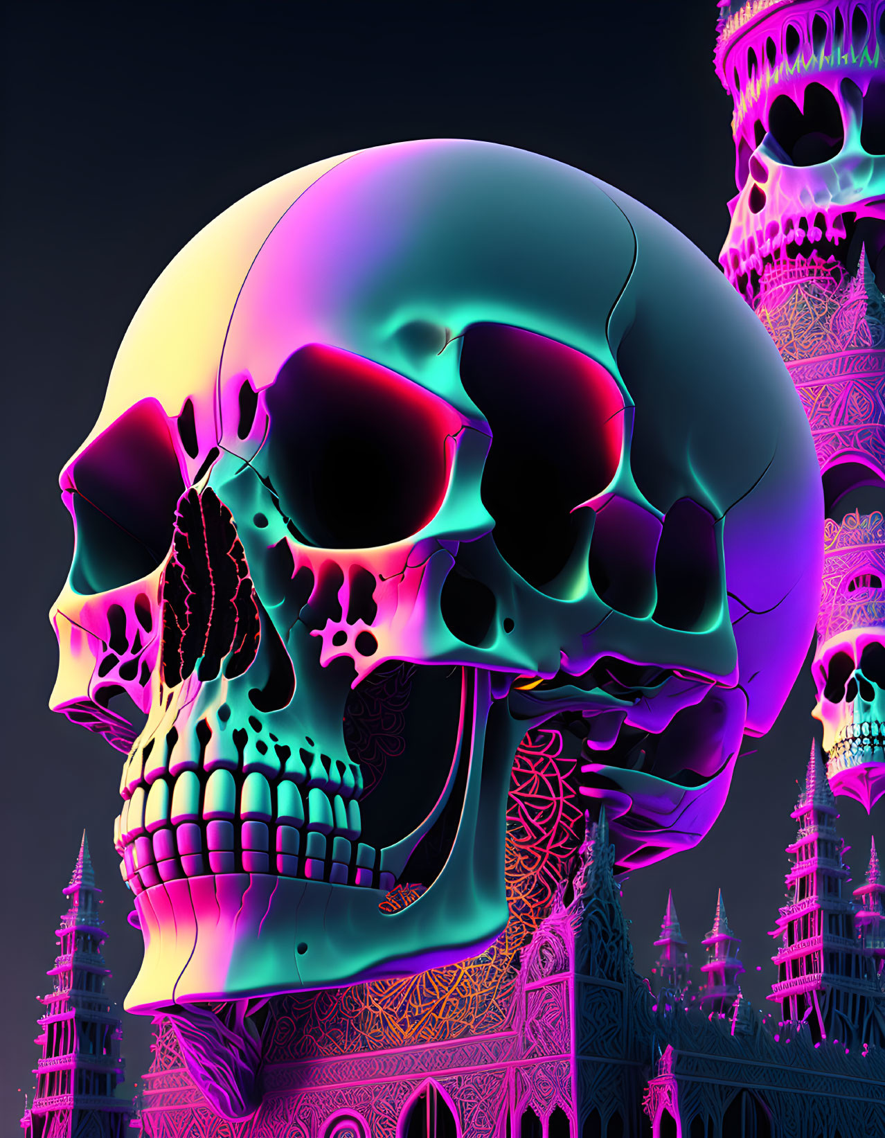 Colorful Neon Outlined Skull Amid Gothic Architecture and Smaller Skulls