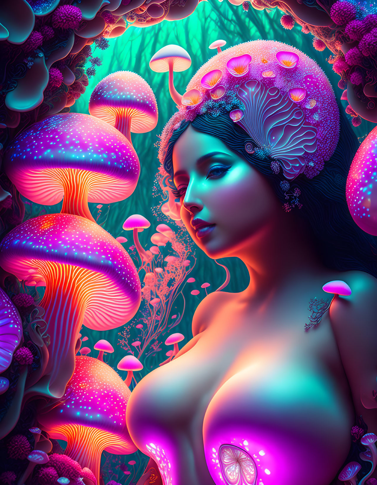 Digital Art: Woman merged with neon mushrooms in fantasy forest