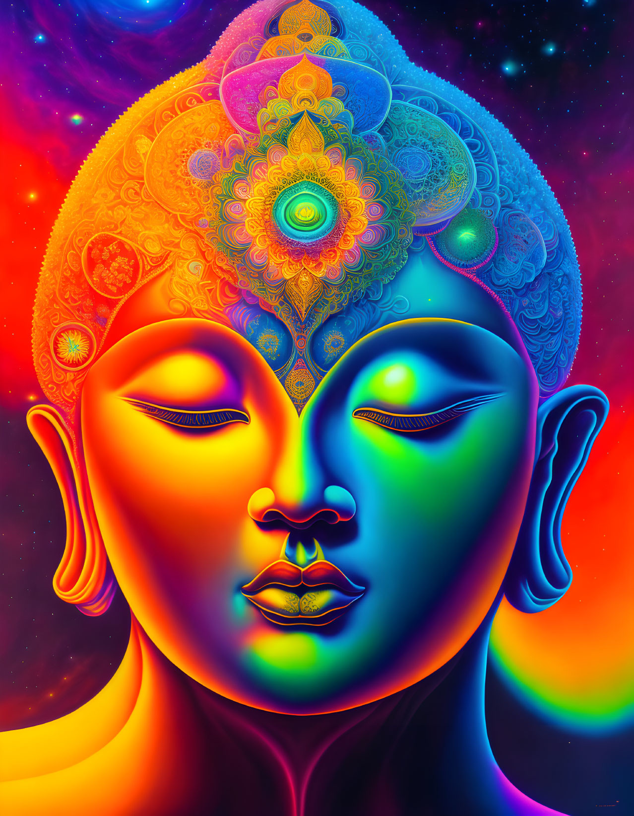 Colorful Psychedelic Buddha Face Art with Cosmic Background