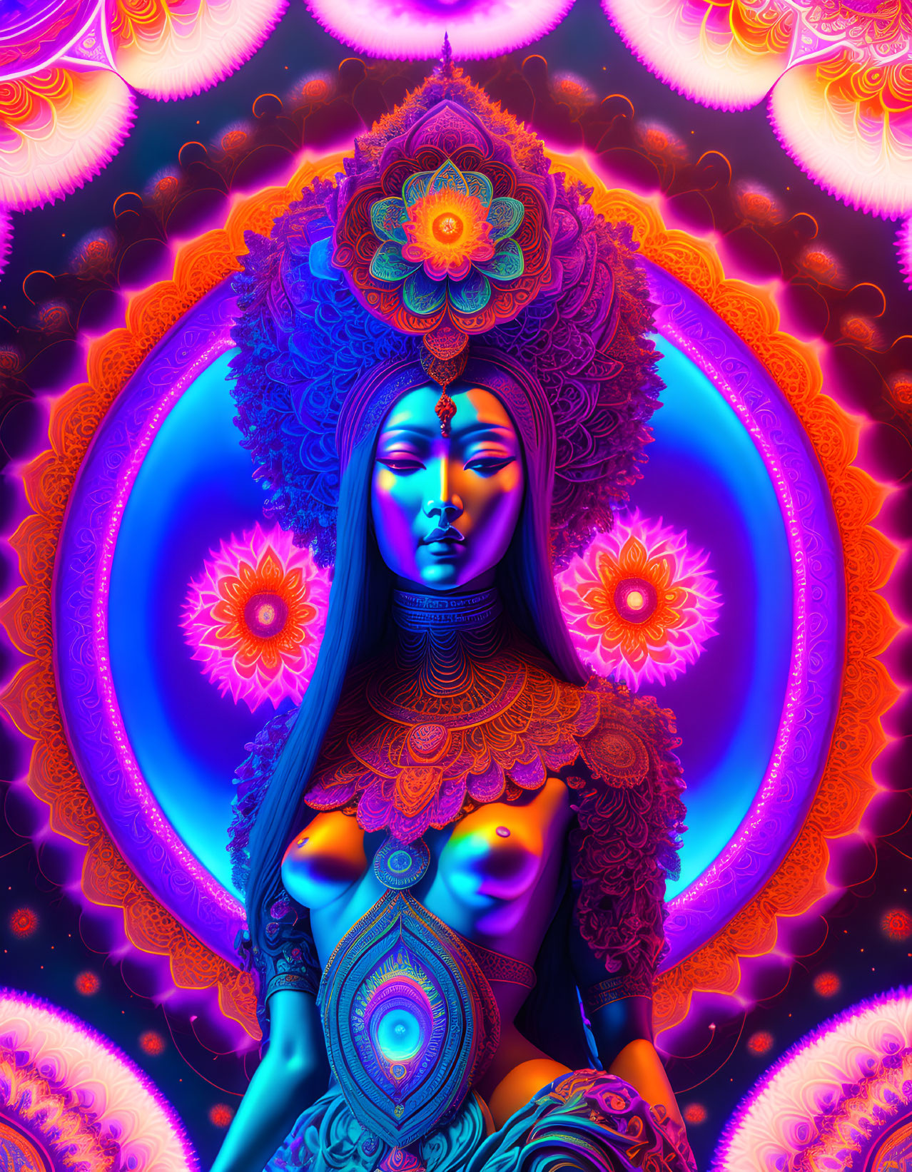 Colorful digital artwork: Woman with psychedelic patterns and mandala motifs.