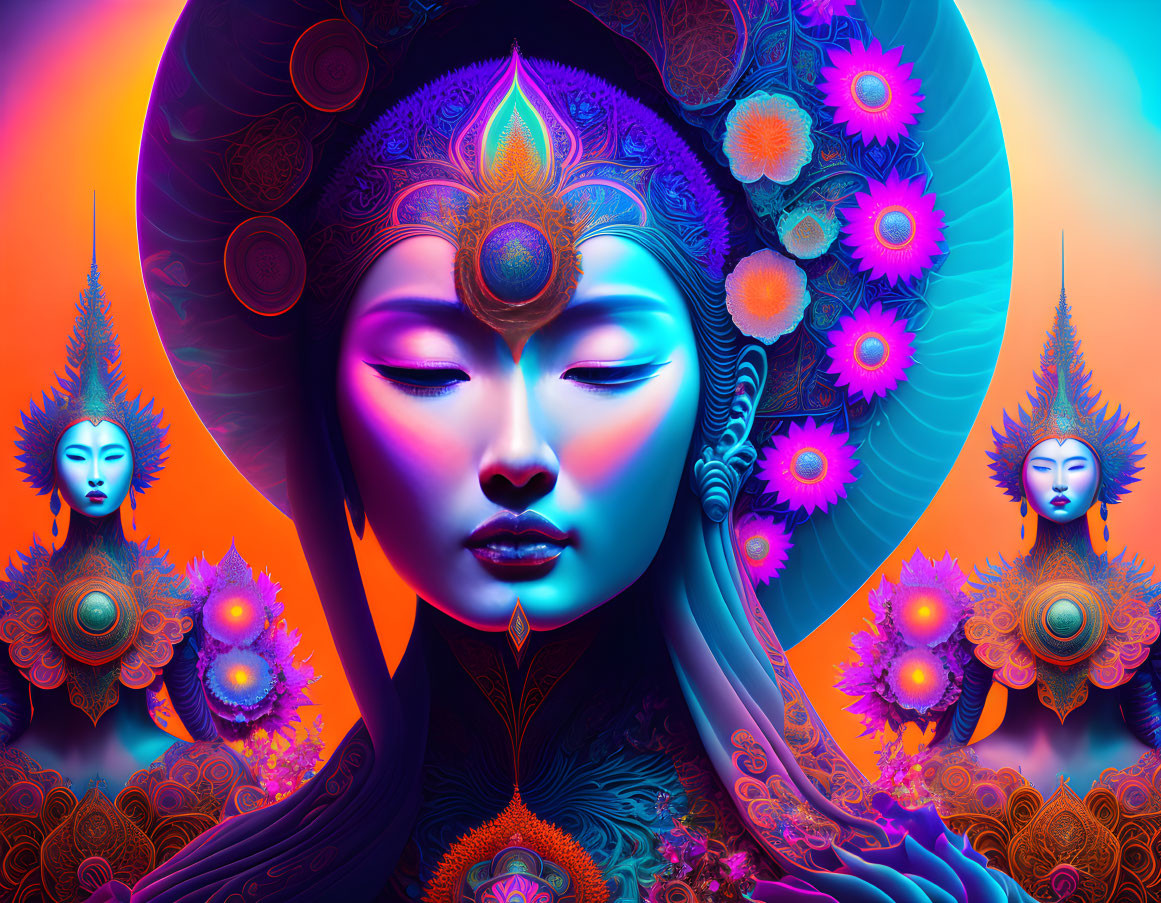 Colorful digital artwork of serene female figures with intricate headpieces on warm gradient background