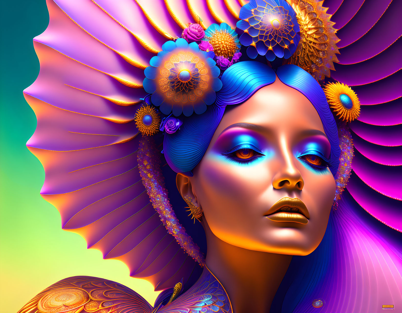 Colorful digital art of a woman with blue skin, floral headdress, and golden jewelry