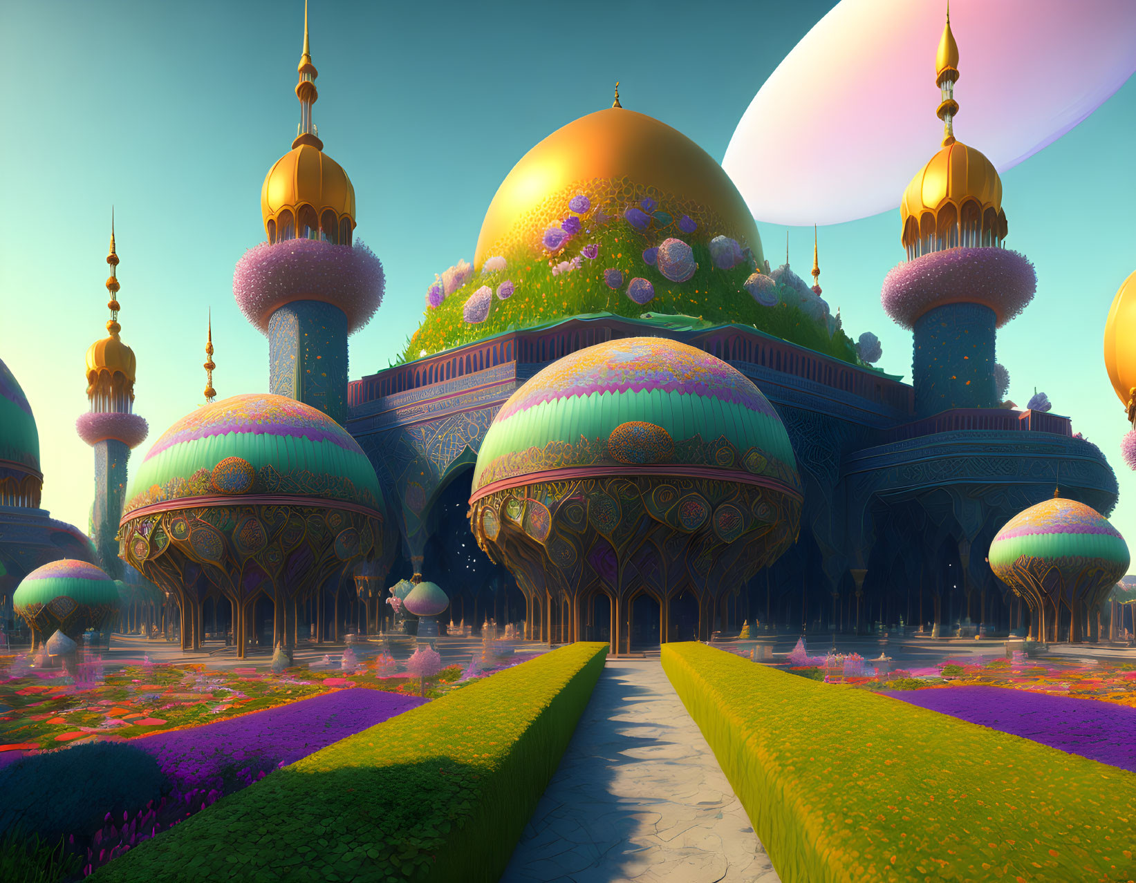 Colorful digital artwork: Fantastical city with golden accents and lush gardens