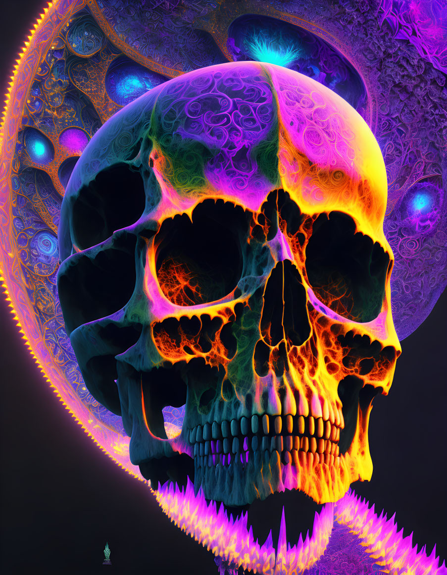 Colorful 3D skull with neon fractals for a surreal vibe