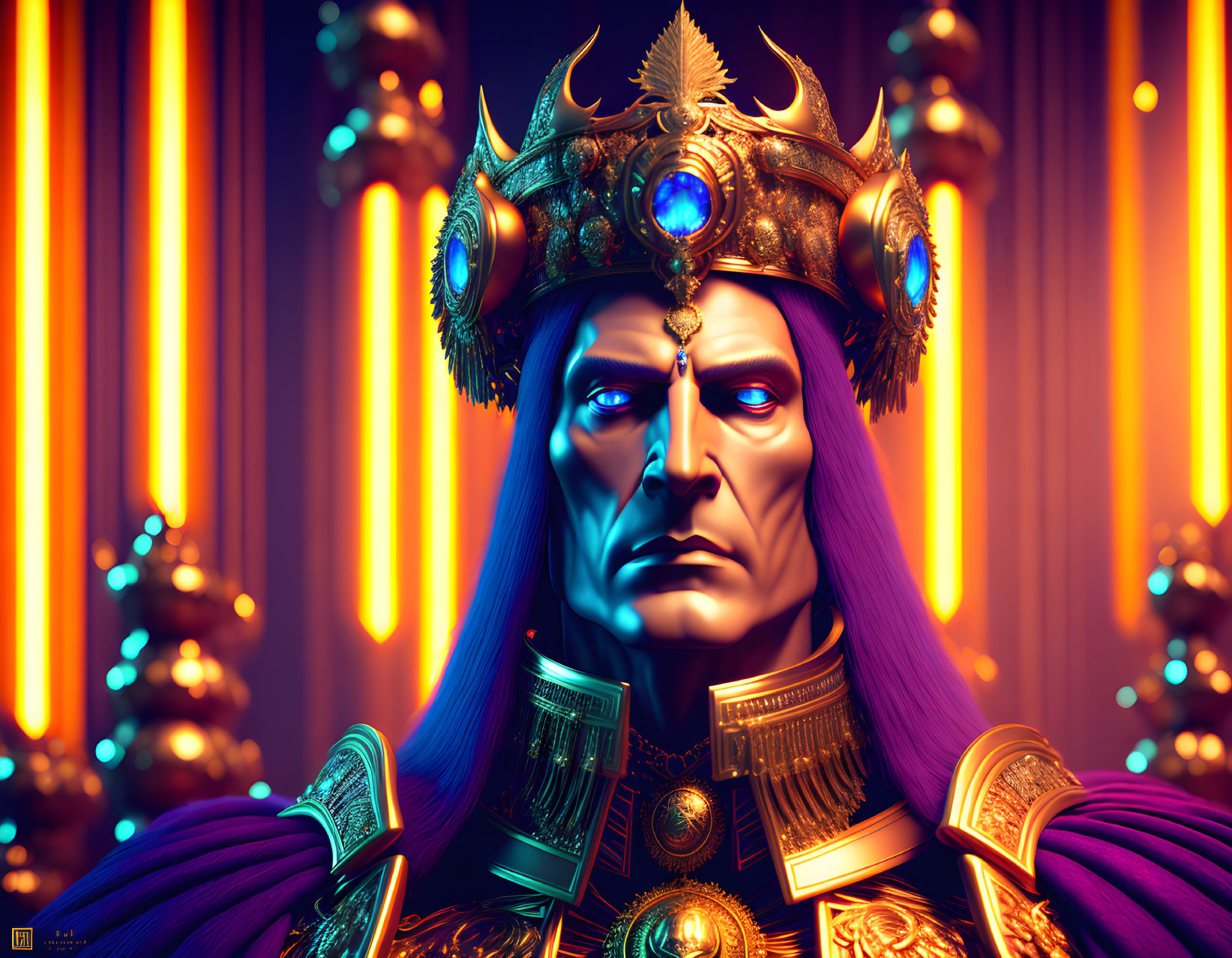 Purple-skinned figure with golden crown and blue gem against orange streaks