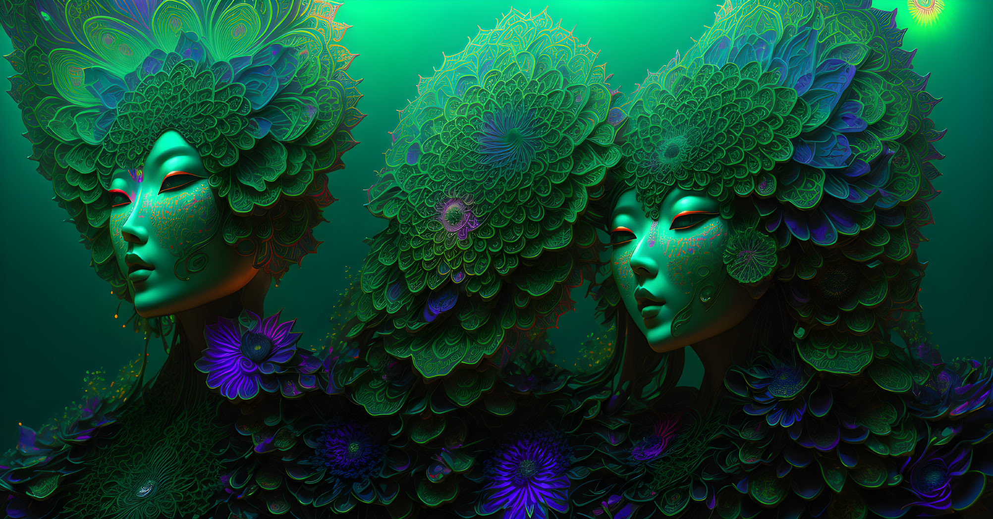 Symmetrical stylized female figures in vibrant blues and greens on teal background