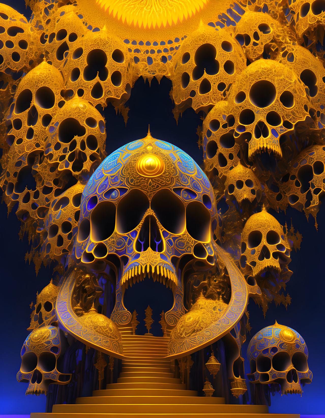 Golden Skull Structure Surrounded by Intricate Patterns on Blue Background