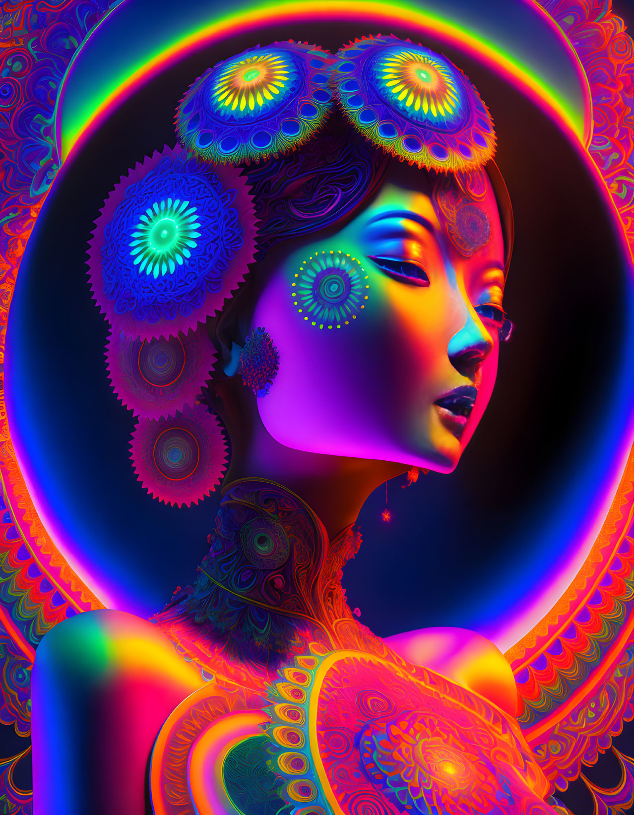 Colorful digital artwork of woman with peacock feather patterns and glowing halo.