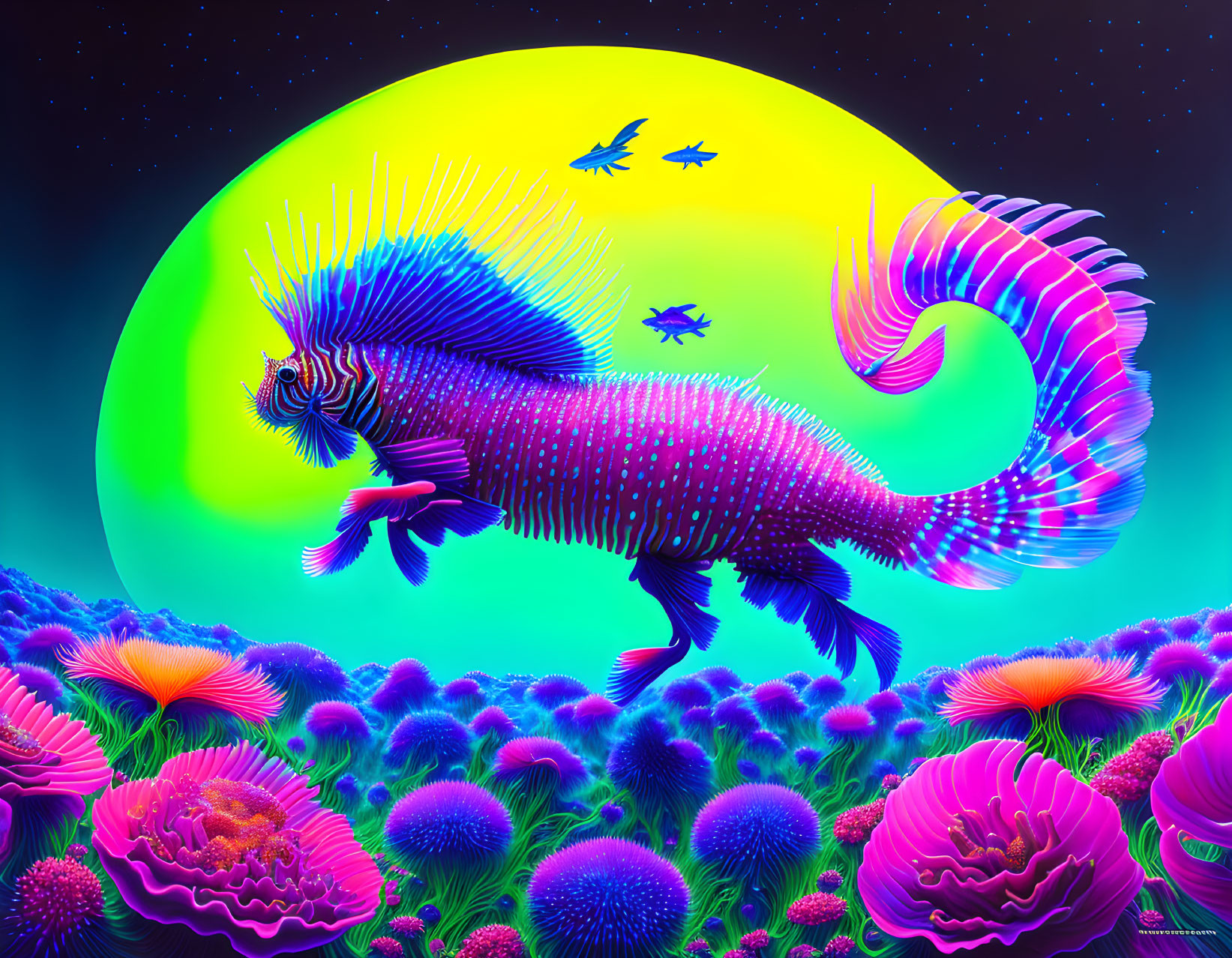 Colorful fantasy seahorse-like creature in neon hues swimming under a yellow moon.