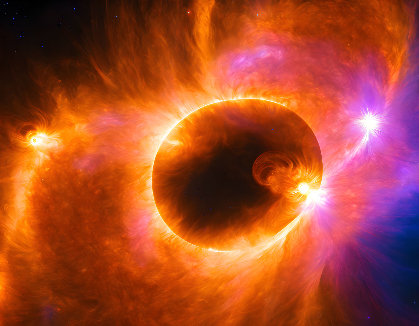 Eclipsed sun in vibrant space scene with cosmic clouds and radiant stars