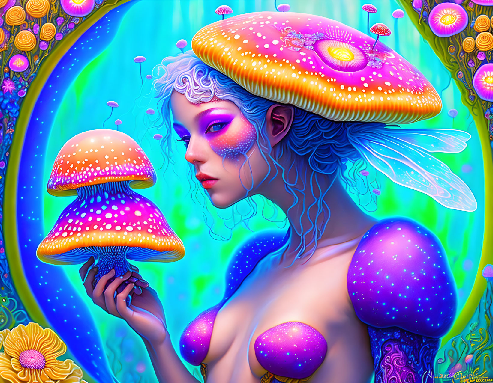 Fantasy female figure with purple skin and magical aura among luminescent mushrooms and floral motifs