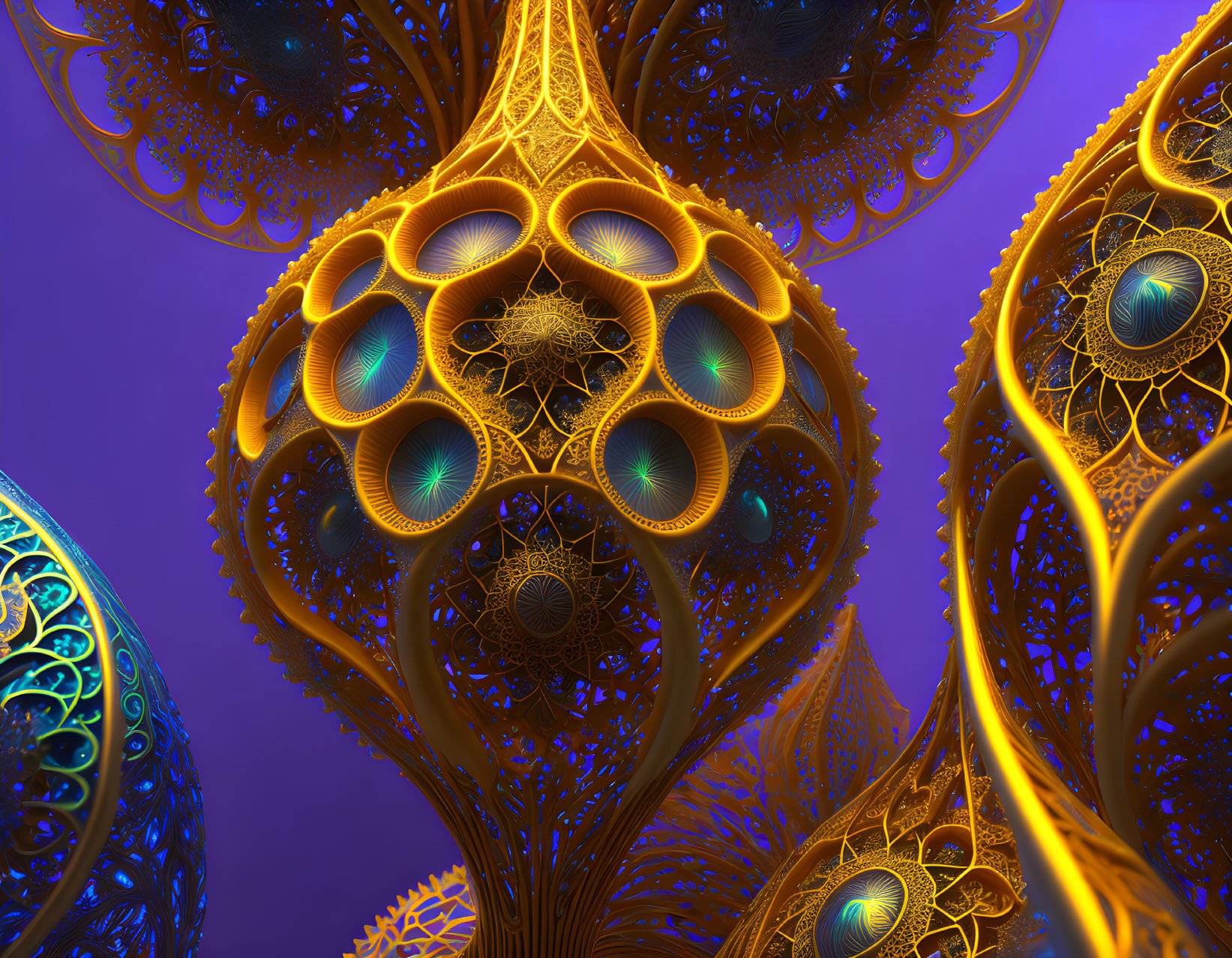 Intricate golden fractal patterns on deep blue background