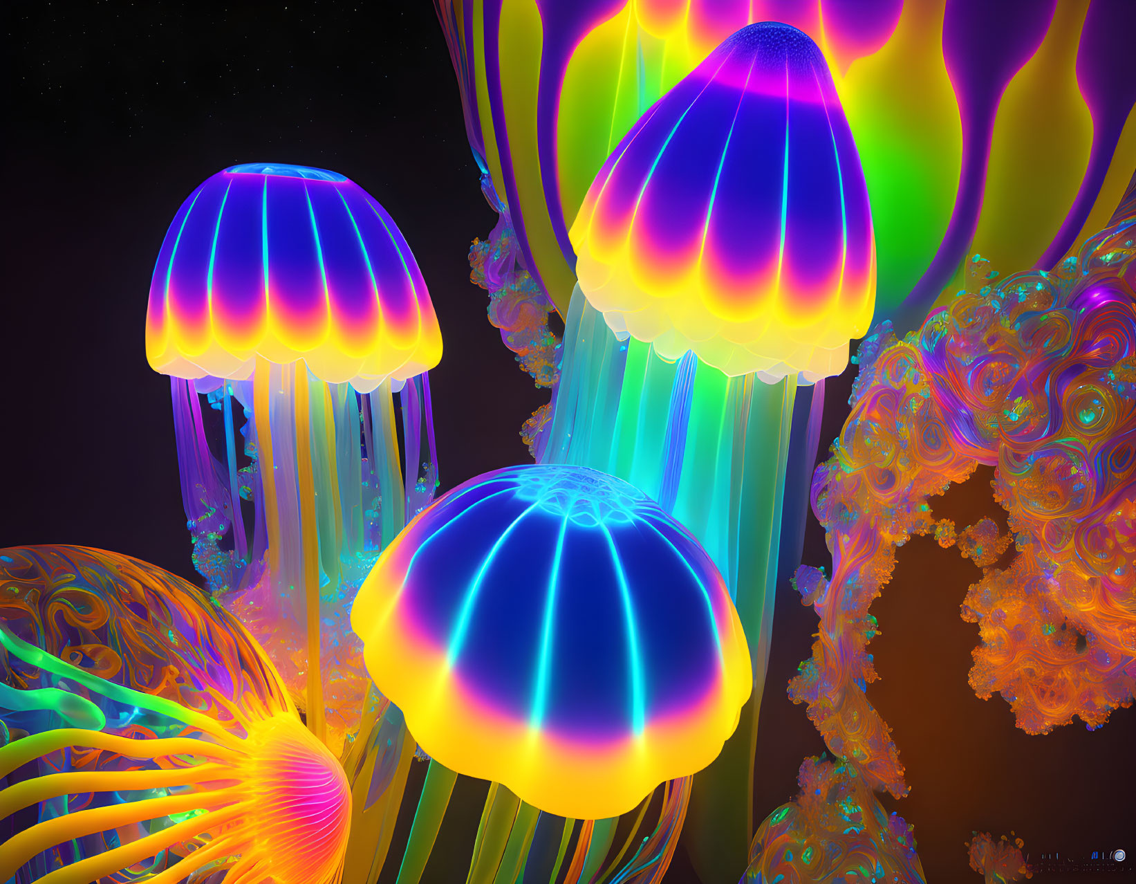 Colorful Neon Jellyfish Art in Dark Fractal Background