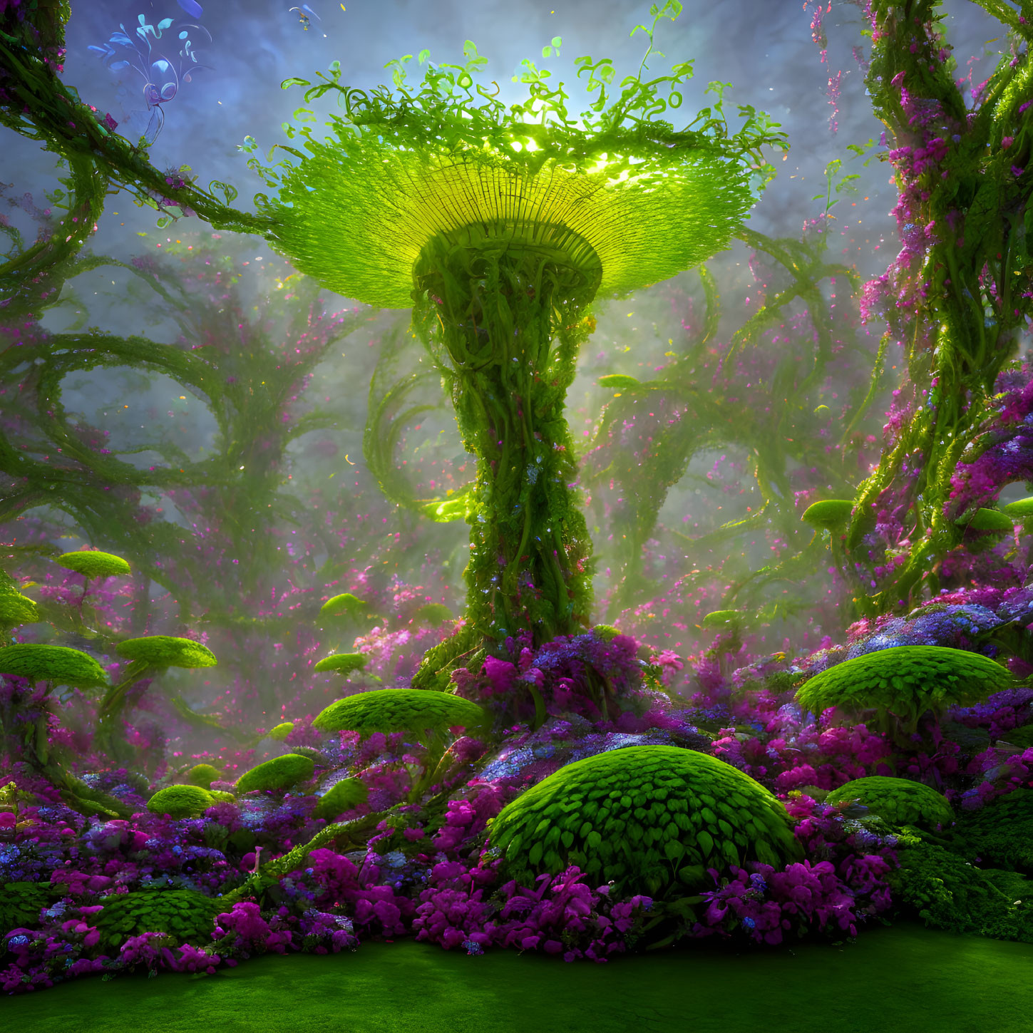 Vibrant pink flora and oversized green mushrooms in a fantastical forest