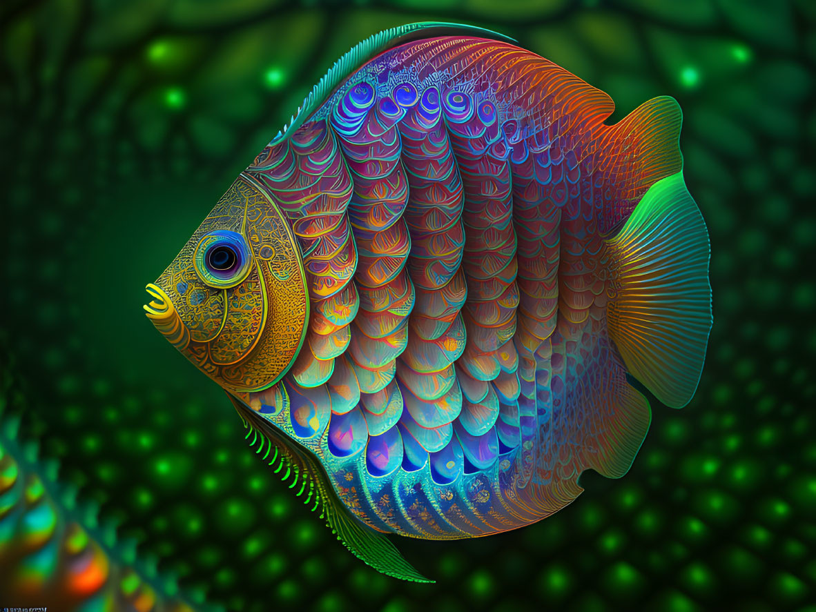 Colorful digital fish art with intricate patterns on green background