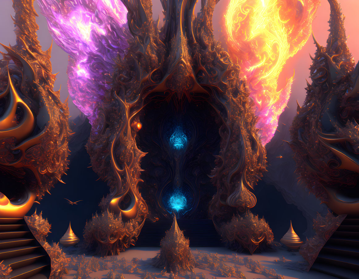 Fractal landscape with fiery swirls, tree-like structures, orbs, and blue vortex