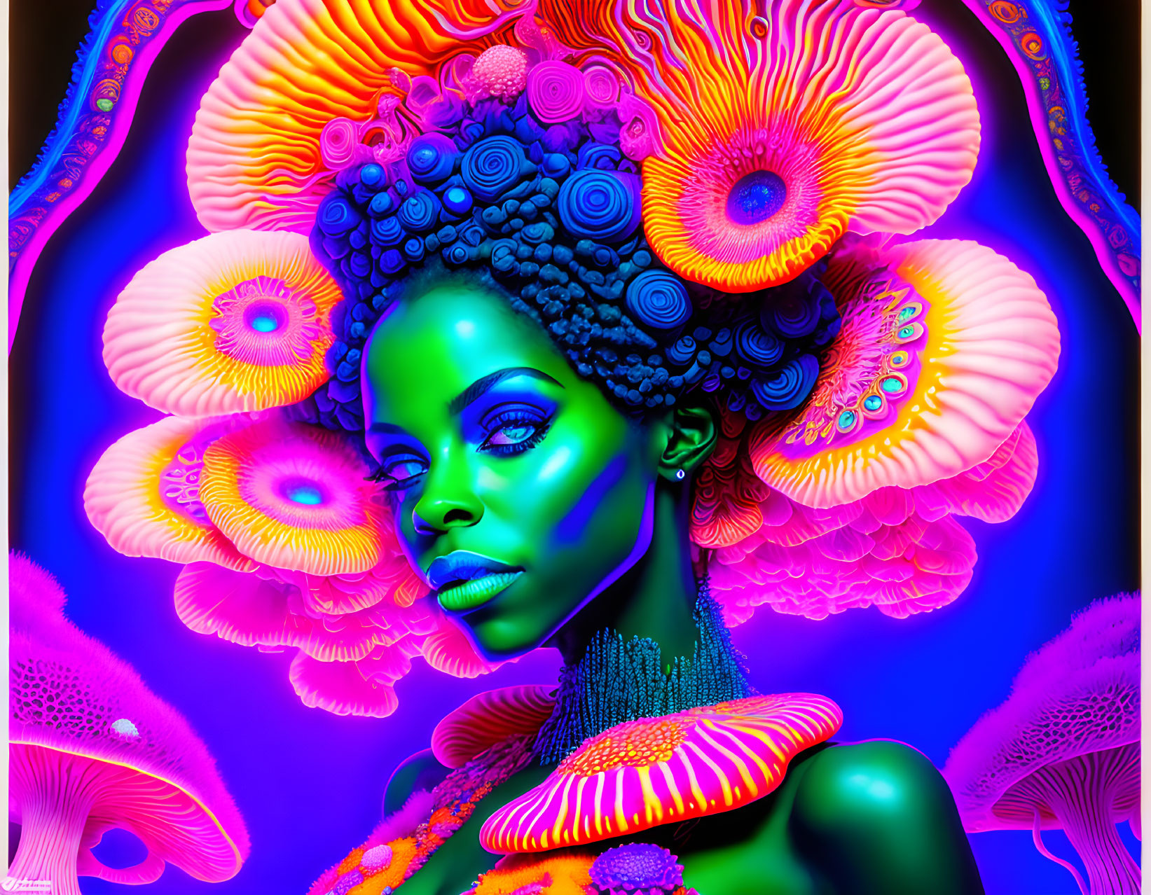 Colorful digital artwork: Woman with green skin in psychedelic mushroom and floral setting