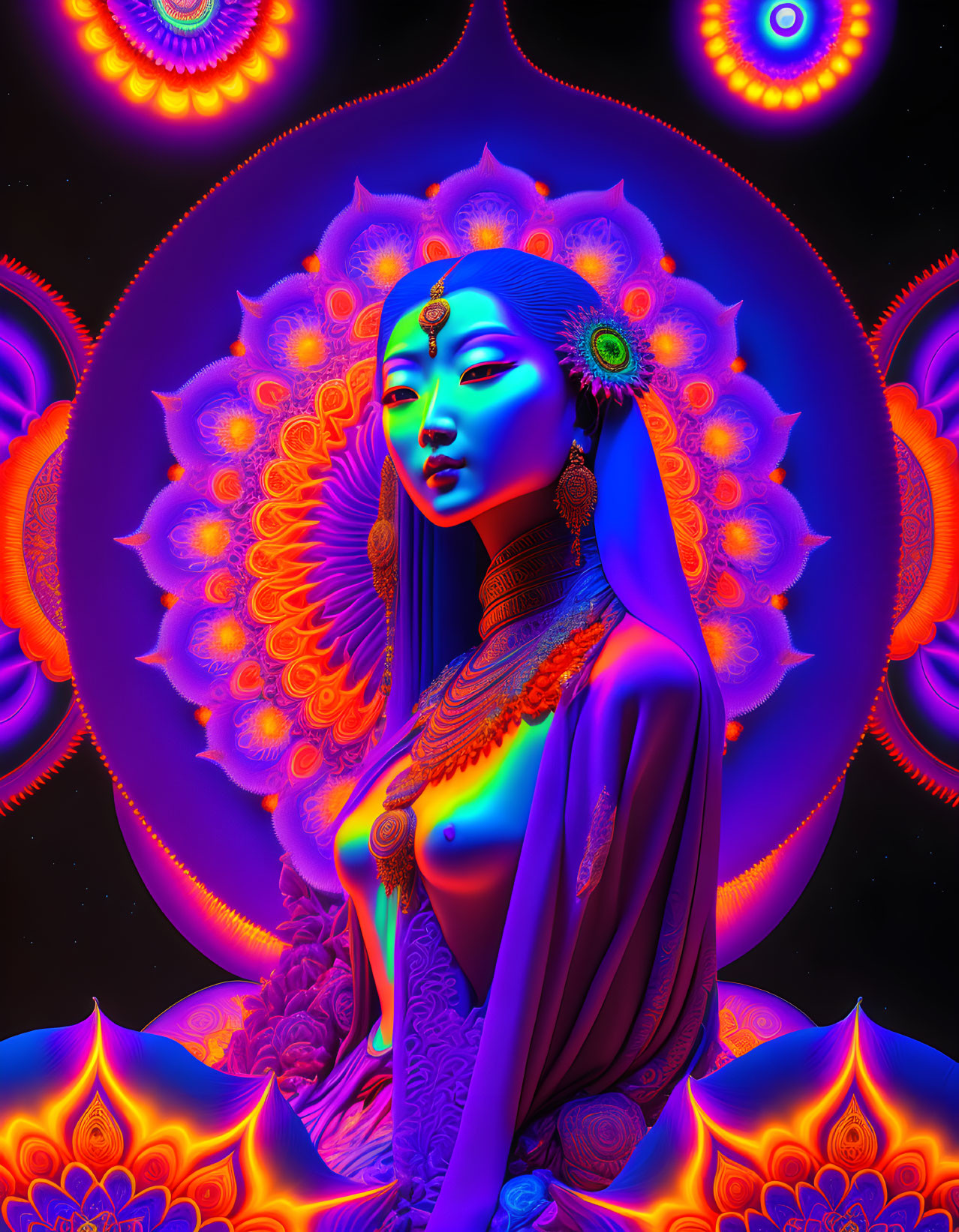 Colorful digital artwork: Blue-skinned woman with gold jewelry in psychedelic mandala scene