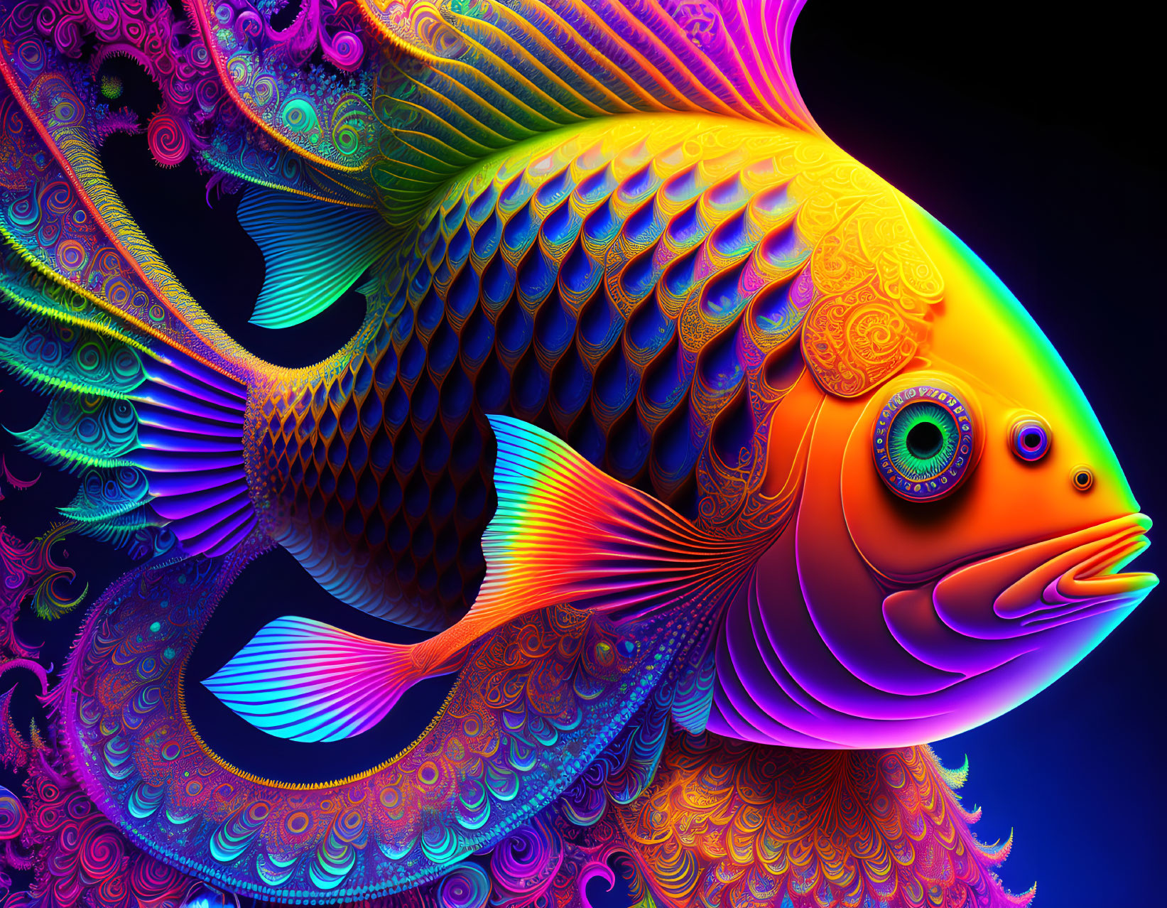 Neon-colored fish digital art with intricate patterns on dark background