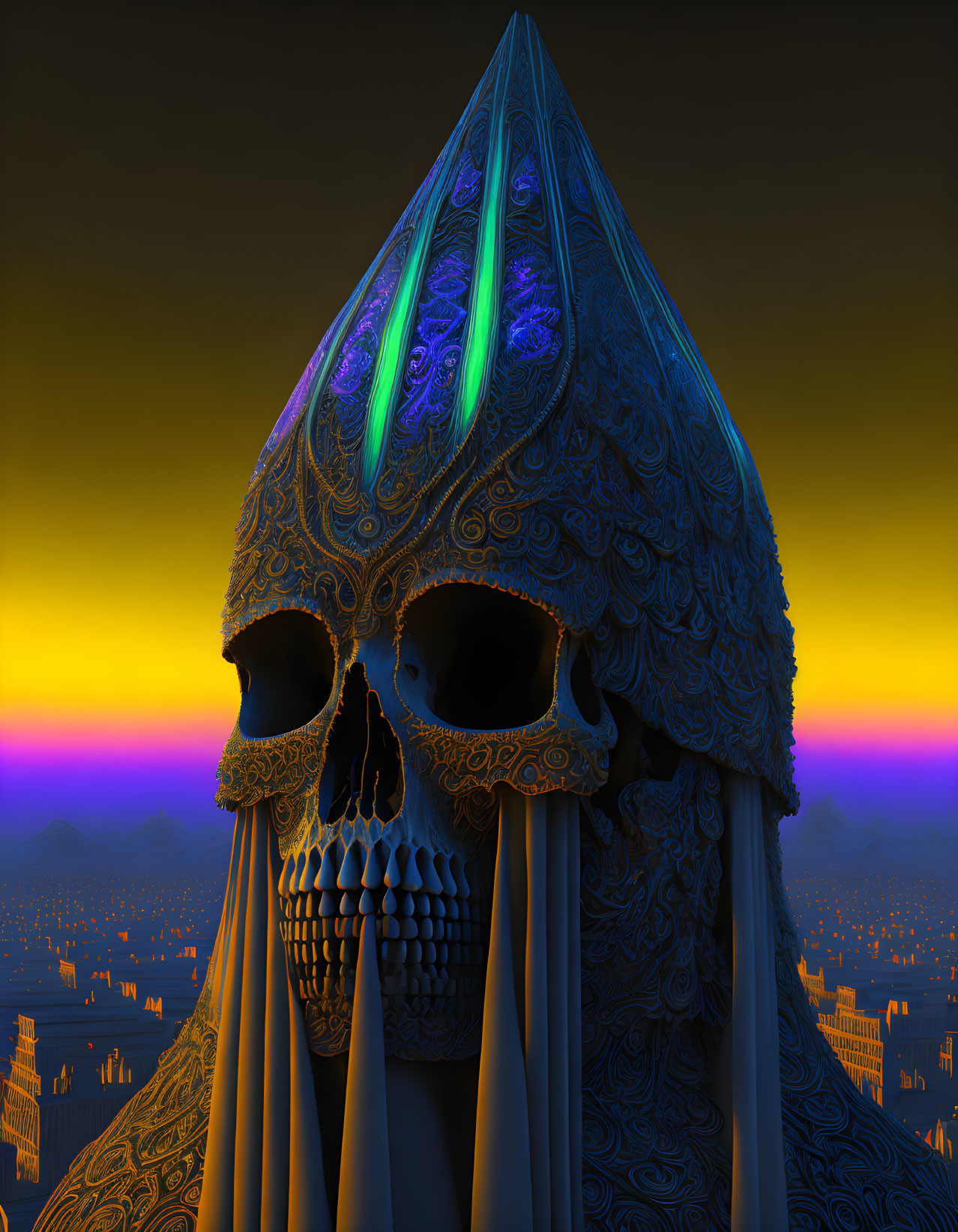 Skull digital art with intricate patterns against vibrant city sunset.