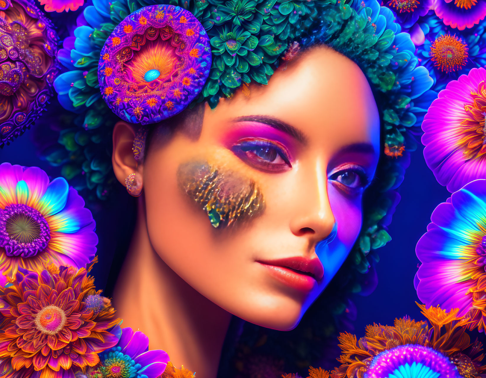 Colorful Floral Adornments and Vibrant Makeup in Blue and Purple Hues