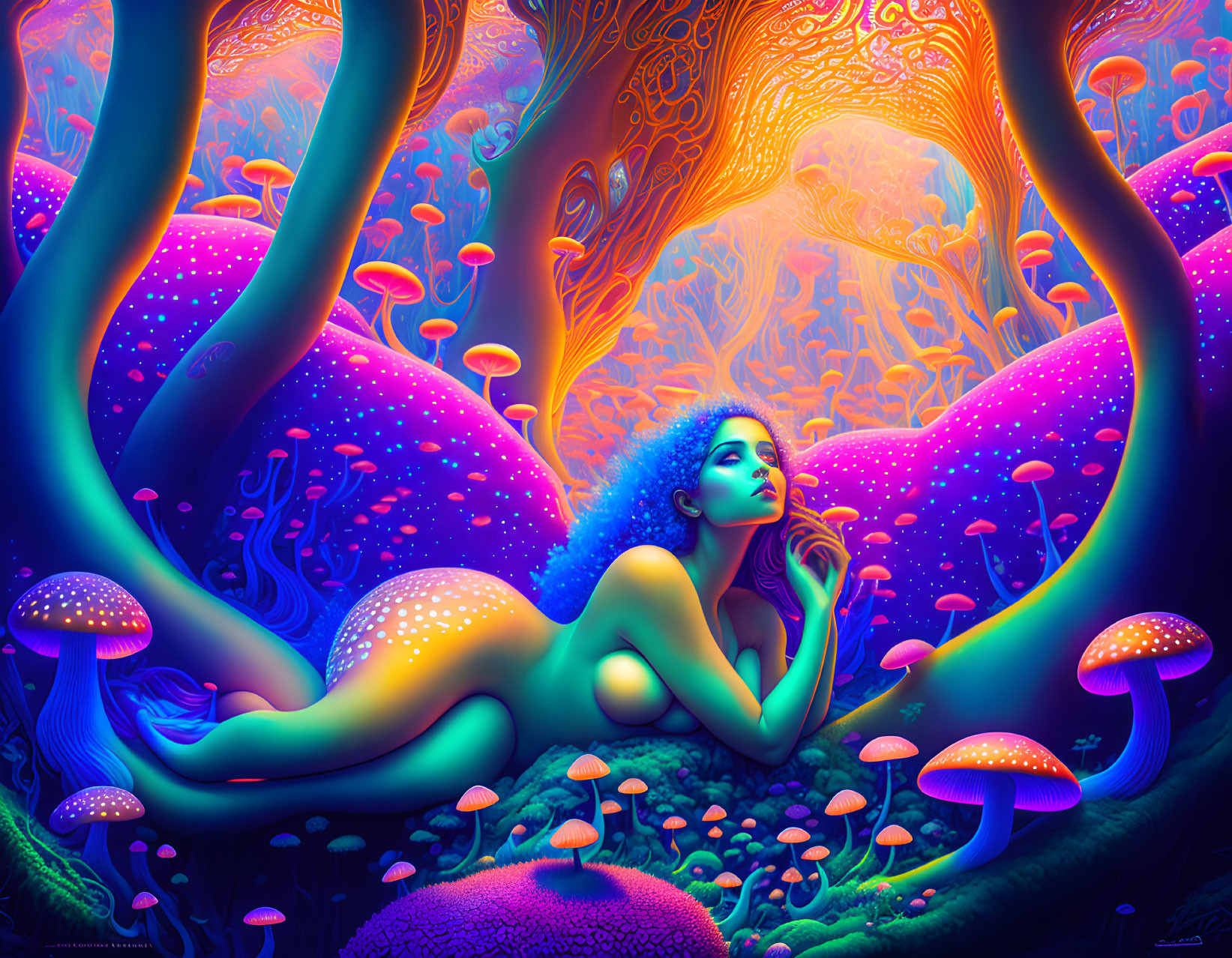 Colorful Fantasy Artwork: Woman Amid Psychedelic Mushrooms