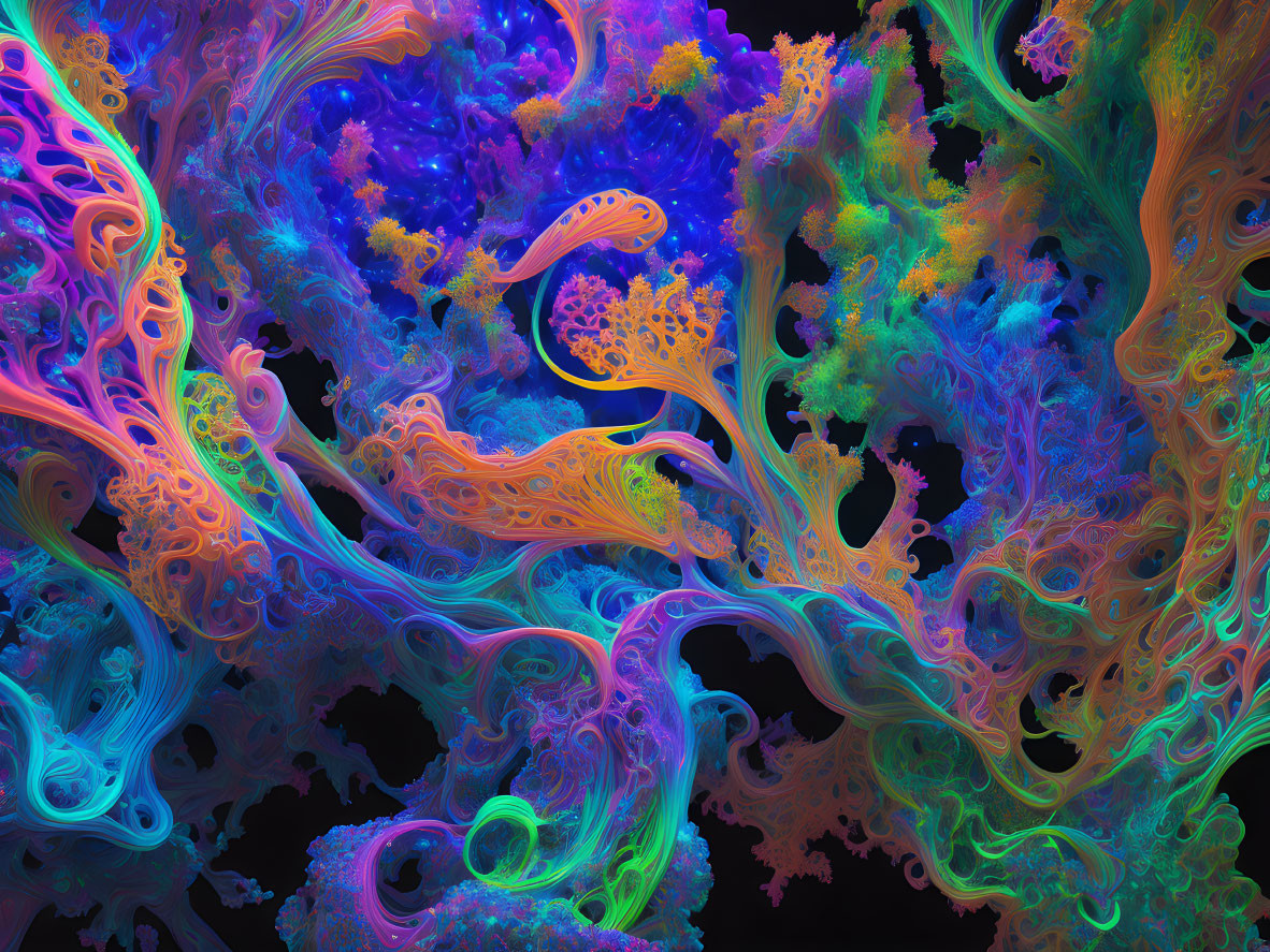 Colorful Abstract Fractal Art: Blue, Orange, and Purple Swirling Patterns