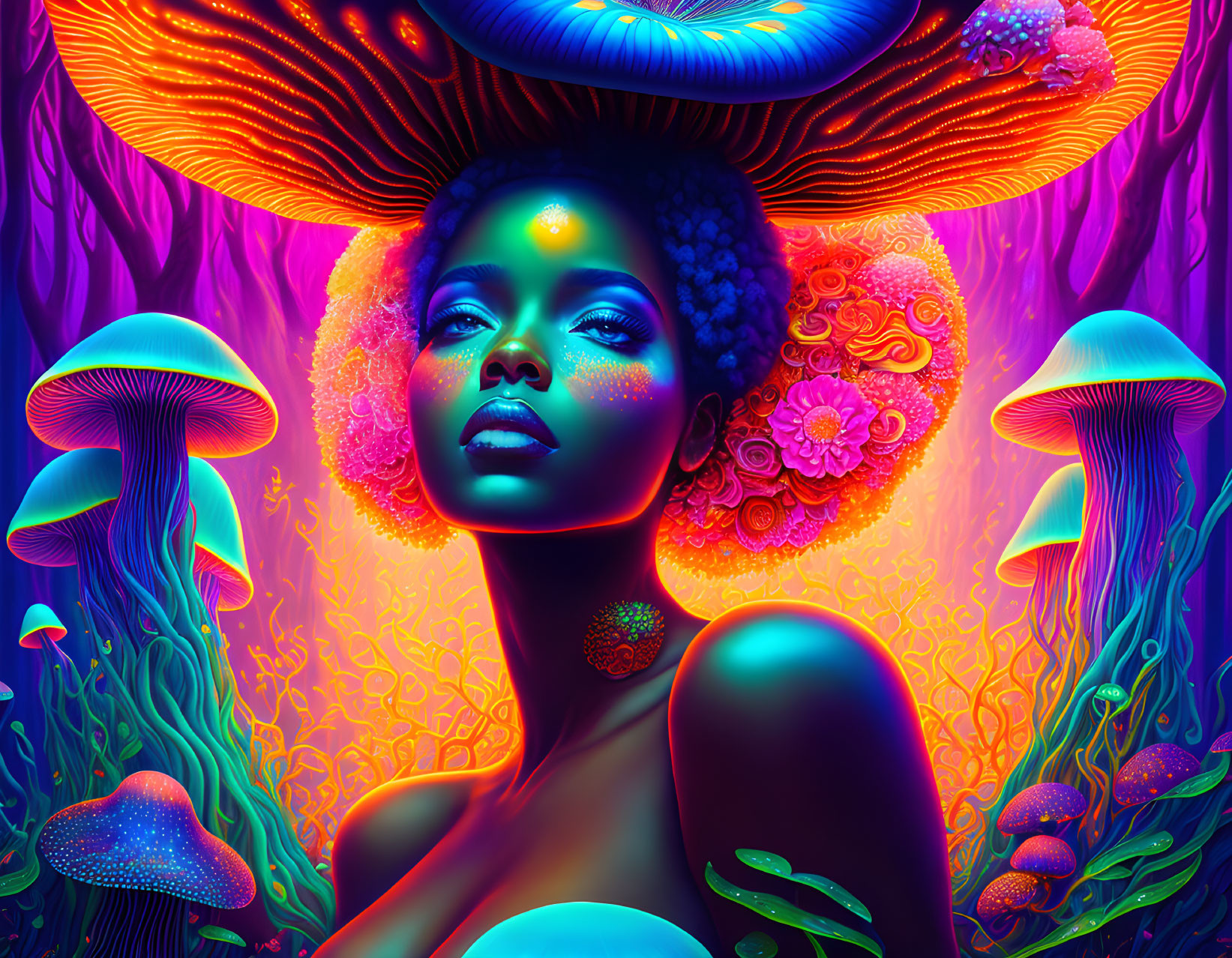 Colorful digital artwork of woman with neon mushrooms and plants