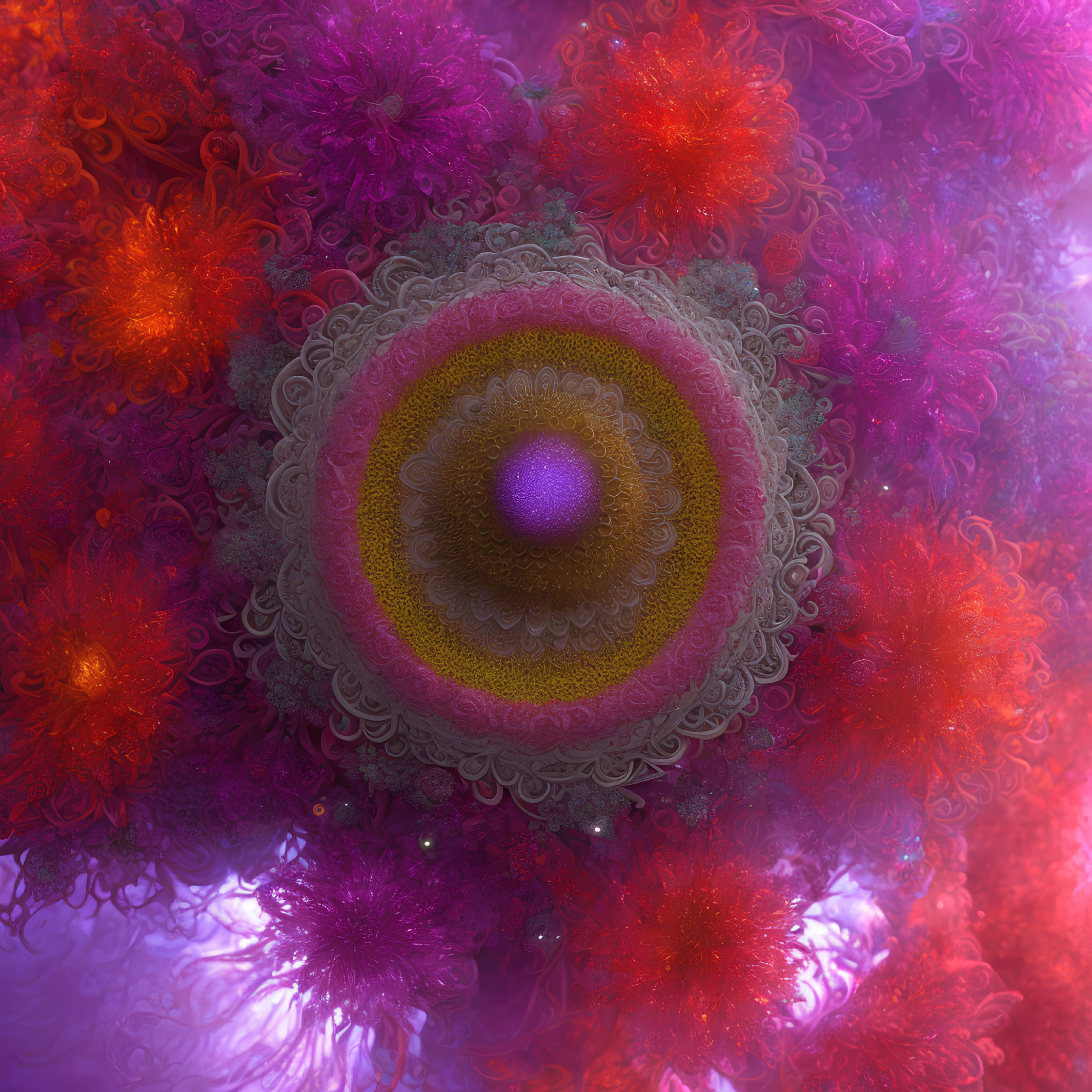 Colorful fractal art with central circular motif in pink, orange, and purple.