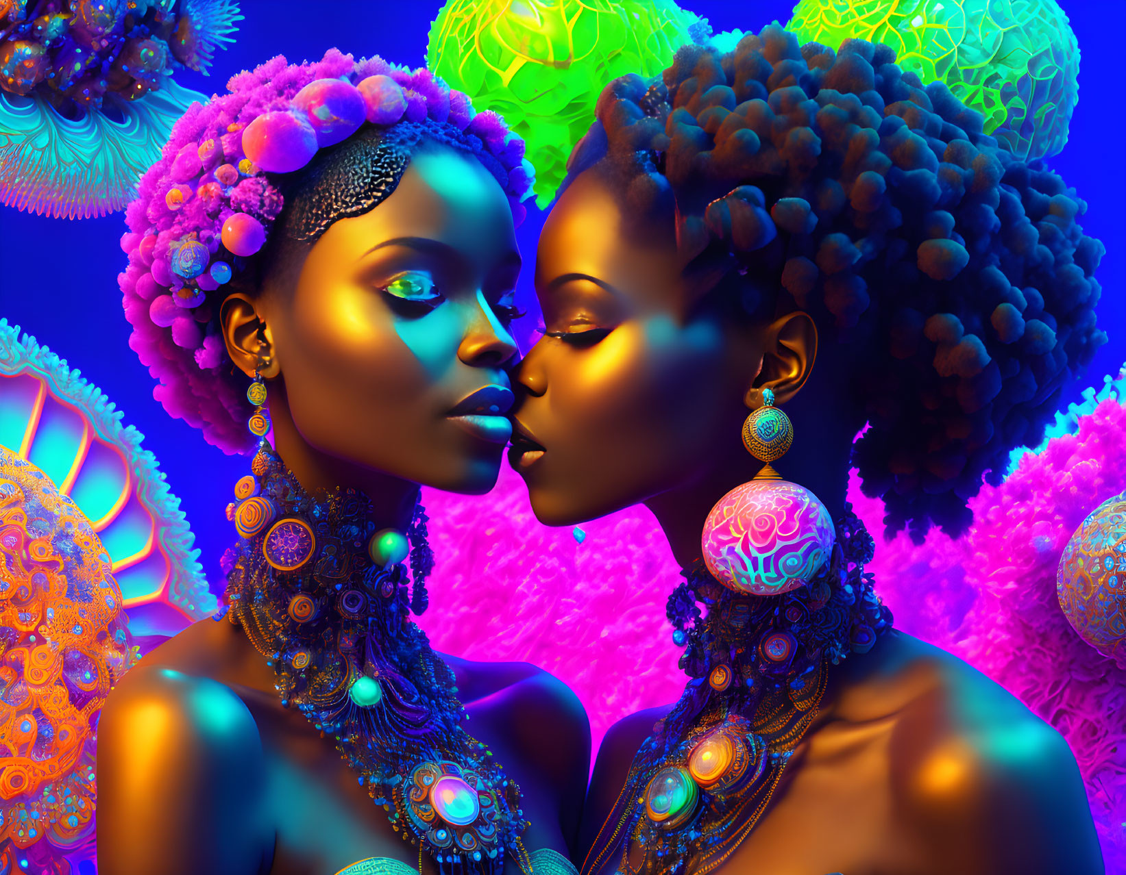 Colorful digital artwork featuring two women with intricate hairstyles and jewelry on a neon coral background