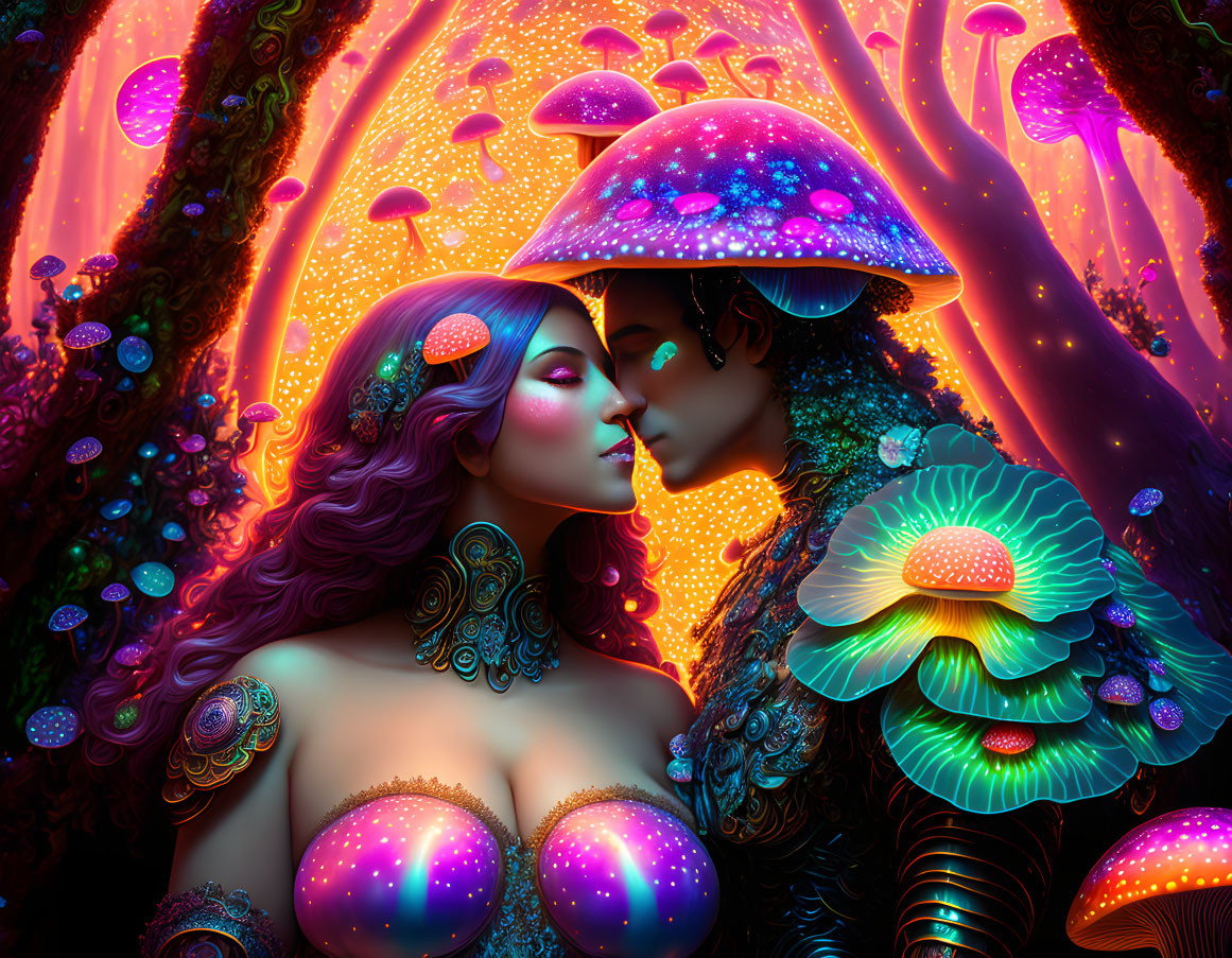 Fantastical couple with mushroom features in a luminous forest