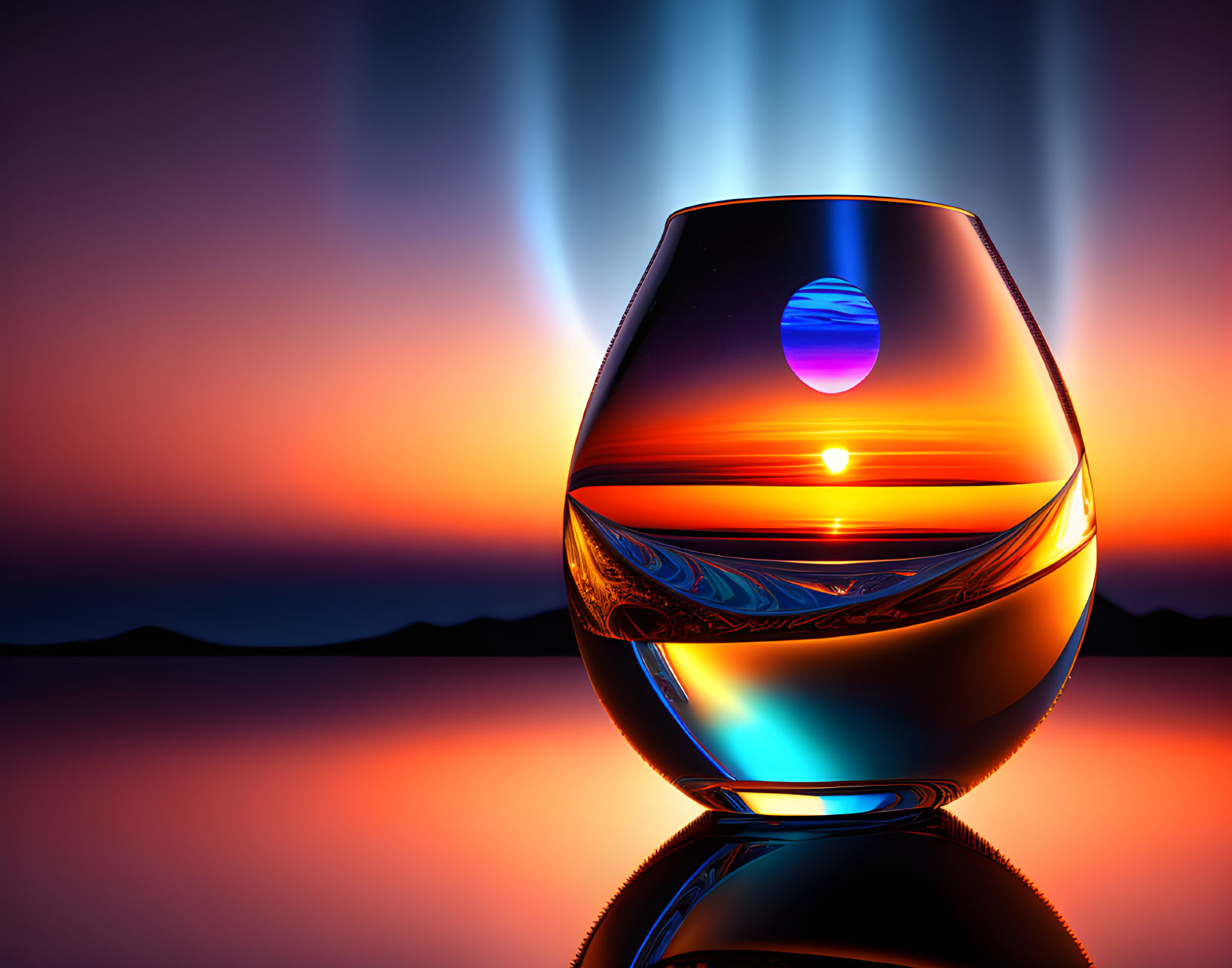 Glass half filled with liquid reflecting vibrant sunset and aurora-like beams