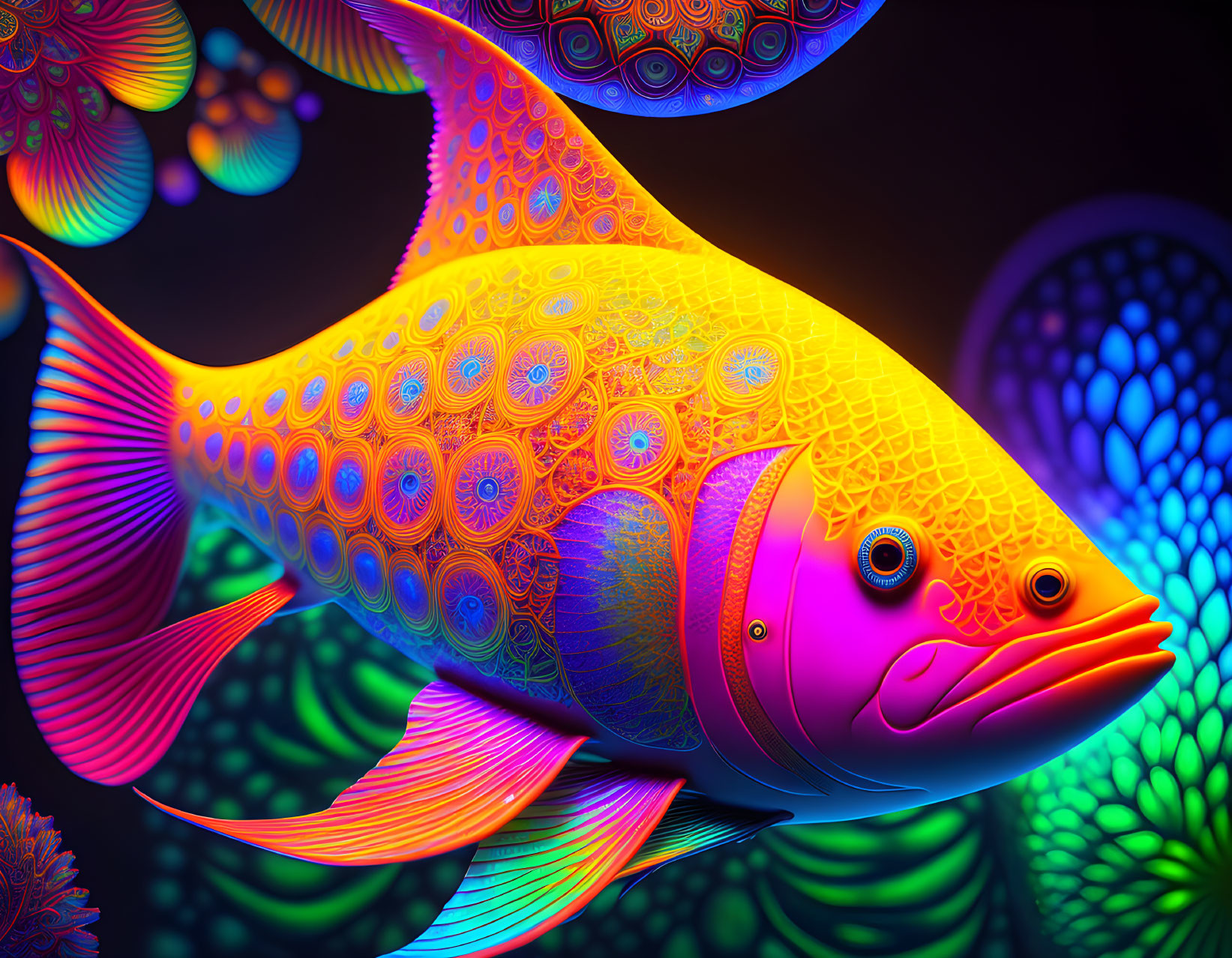 Colorful Digital Art: Intricate Fish Design with Neon Palette