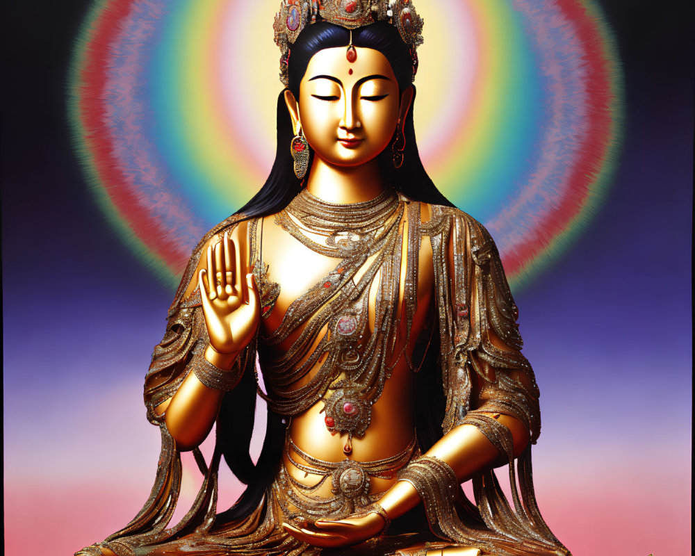 Seated Buddhist deity in golden robes with halo and mudra