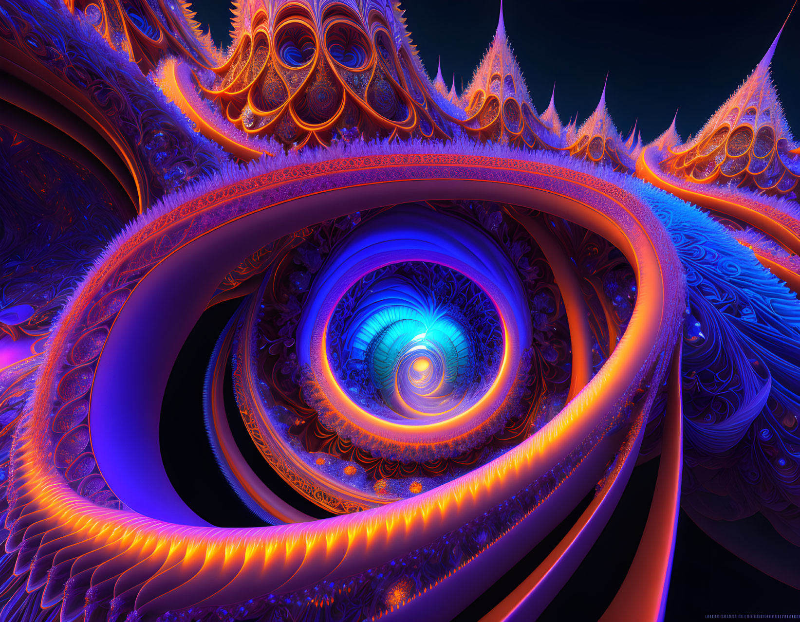 Vibrant blue and orange fractal spiral pattern art