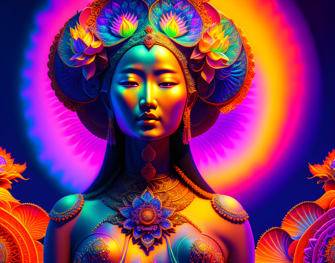 Colorful digital artwork of a woman in floral headdress against psychedelic background