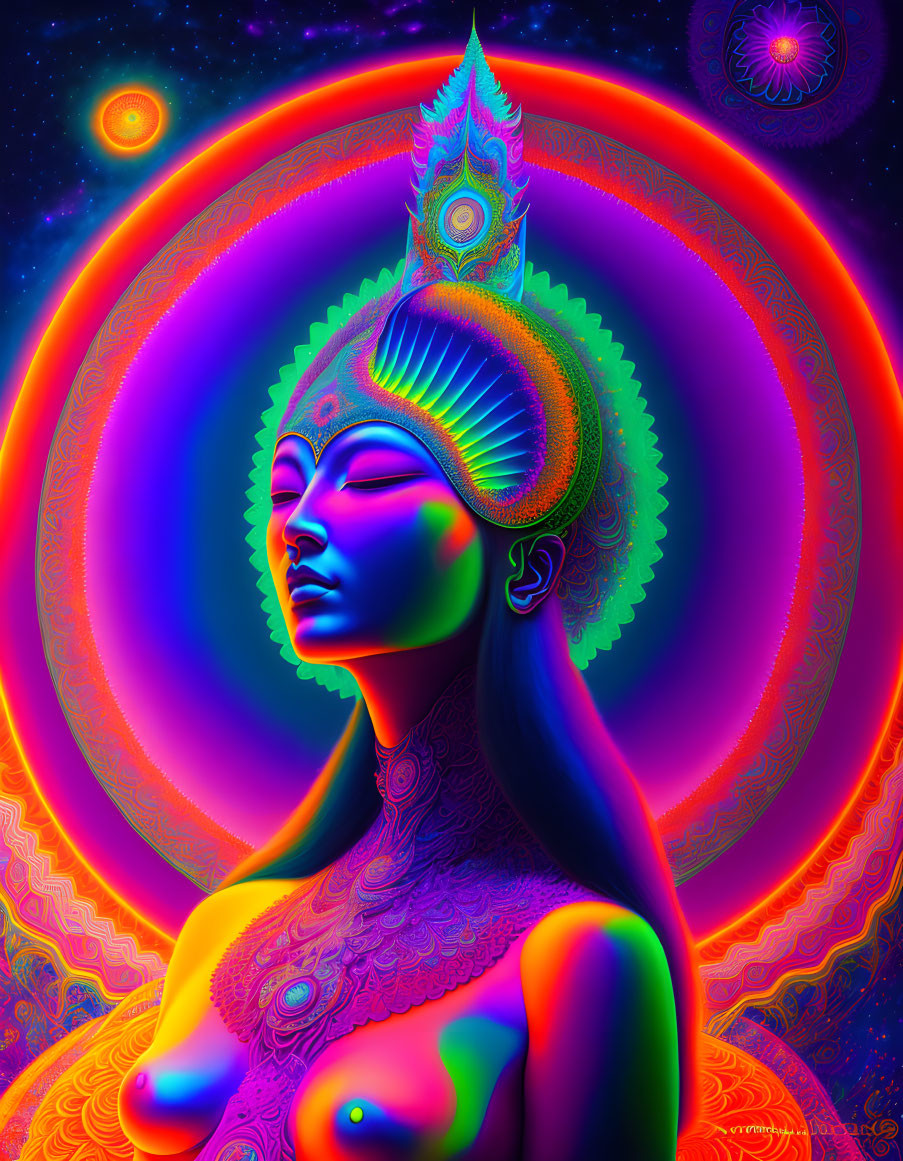 Colorful digital artwork featuring a meditative figure with ornate headwear, neon halos, and