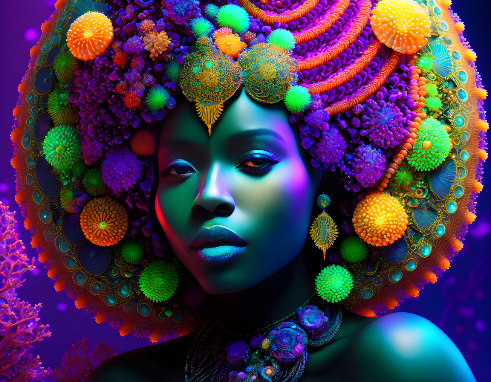 Colorful digital artwork: Woman with neon skin, coral-like headdress.