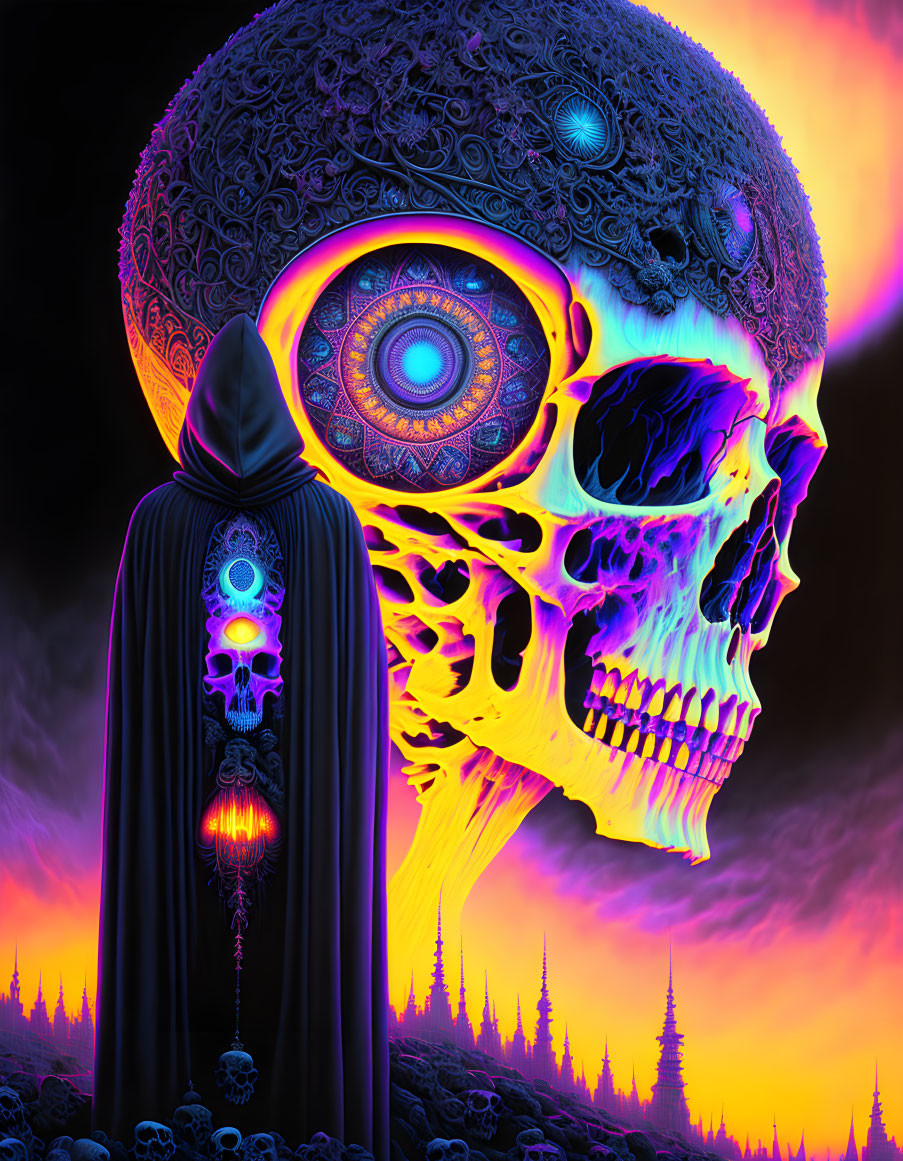 Vibrant digital art: cloaked figure with skull face, cosmic backdrop, key, intricate patterns